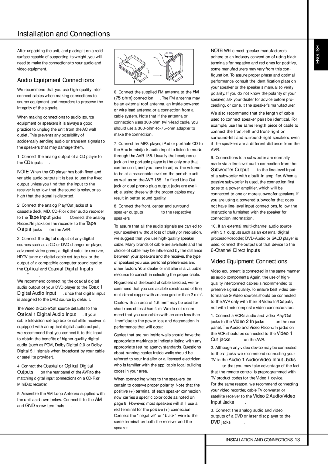 Harman-Kardon AVR 155 owner manual Installation and Connections, Audio Equipment Connections, Video Equipment Connections 