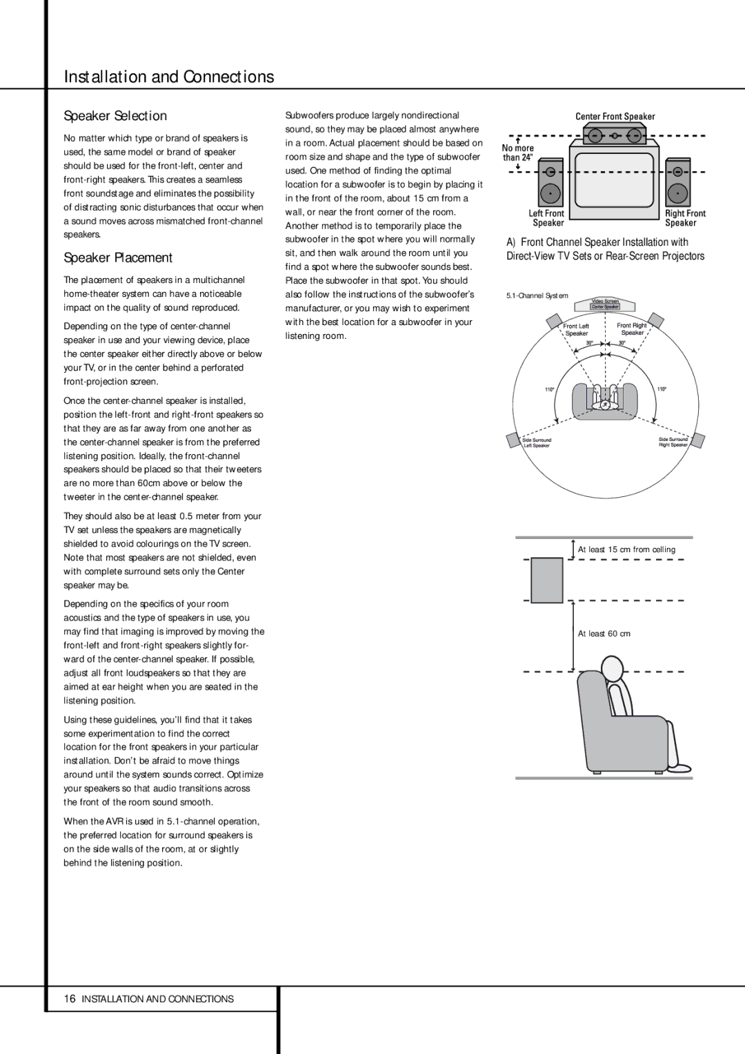 Harman-Kardon AVR 155 owner manual Speaker Selection, Speaker Placement 