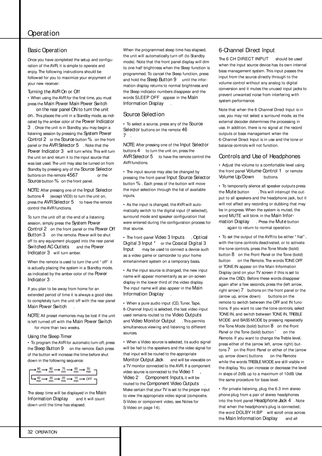 Harman-Kardon AVR 155 owner manual Basic Operation, Source Selection, Channel Direct Input, Controls and Use of Headphones 