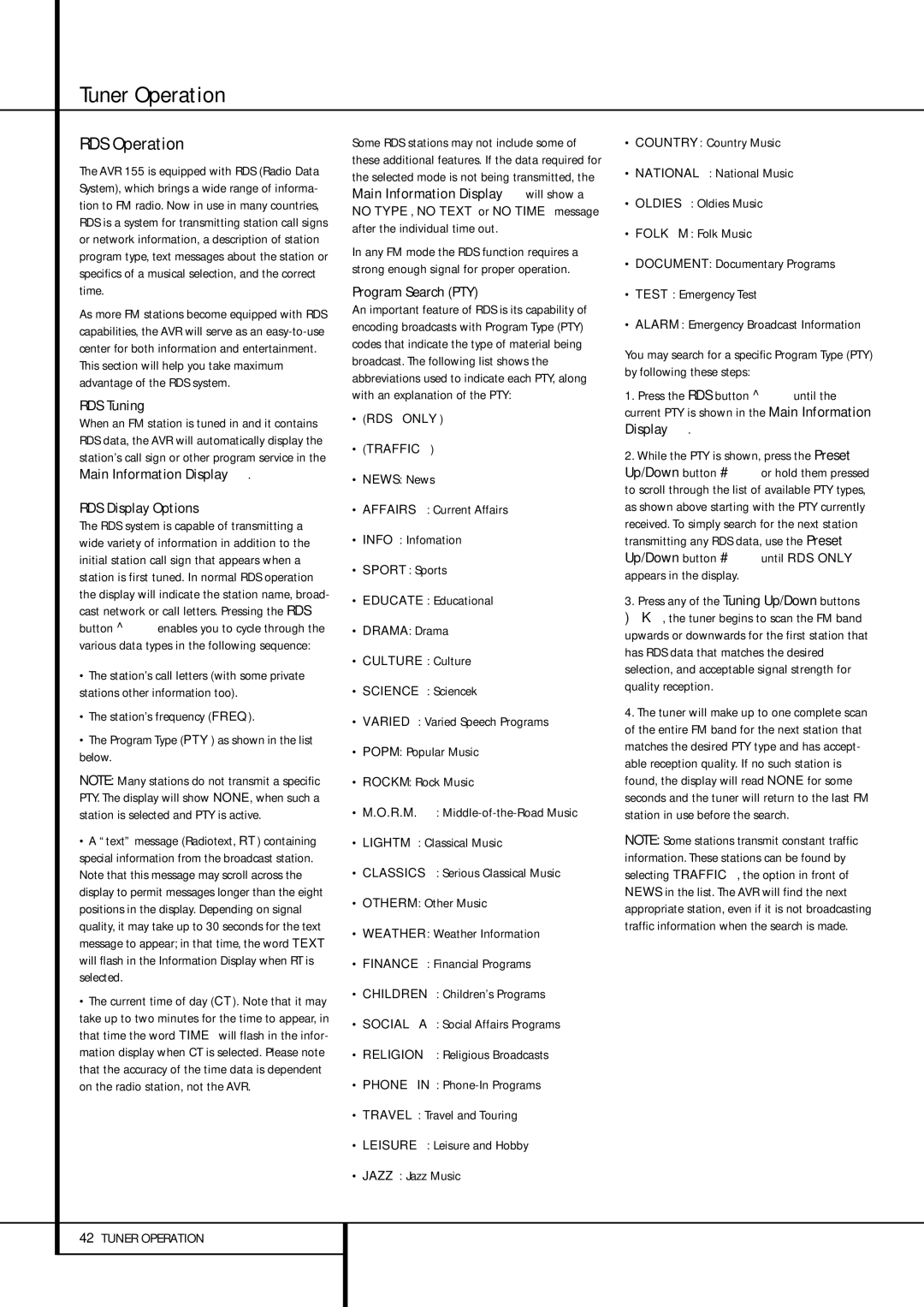 Harman-Kardon AVR 155 owner manual RDS Operation, RDS Tuning, RDS Display Options, Program Search PTY 