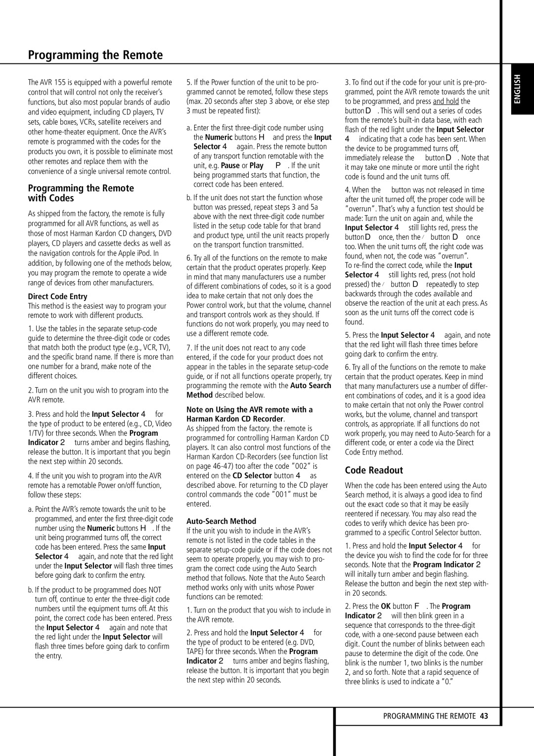 Harman-Kardon AVR 155 Programming the Remote with Codes, Code Readout, Direct Code Entry, Auto-Search Method 