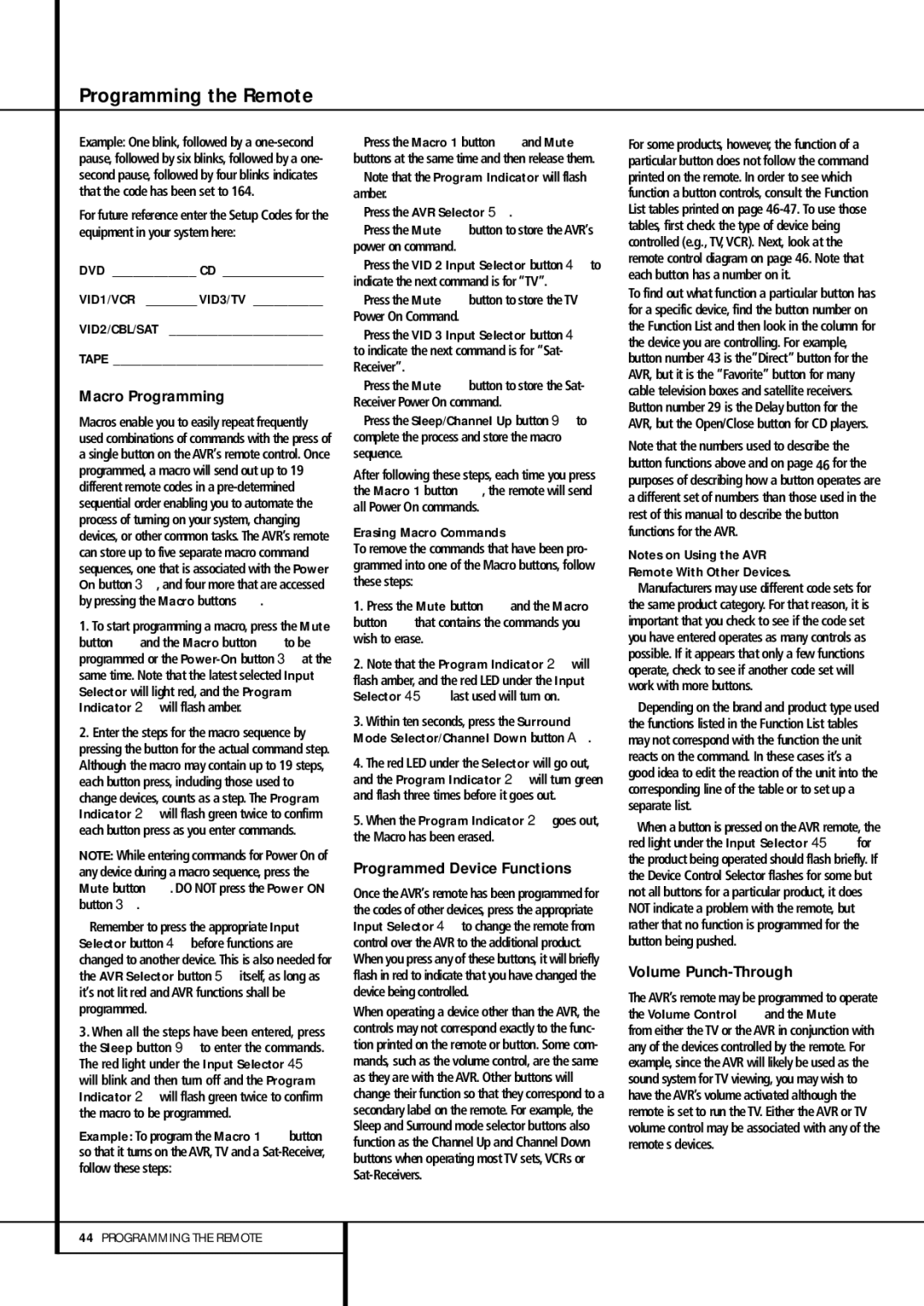 Harman-Kardon AVR 155 owner manual Macro Programming, Programmed Device Functions, Volume Punch-Through 