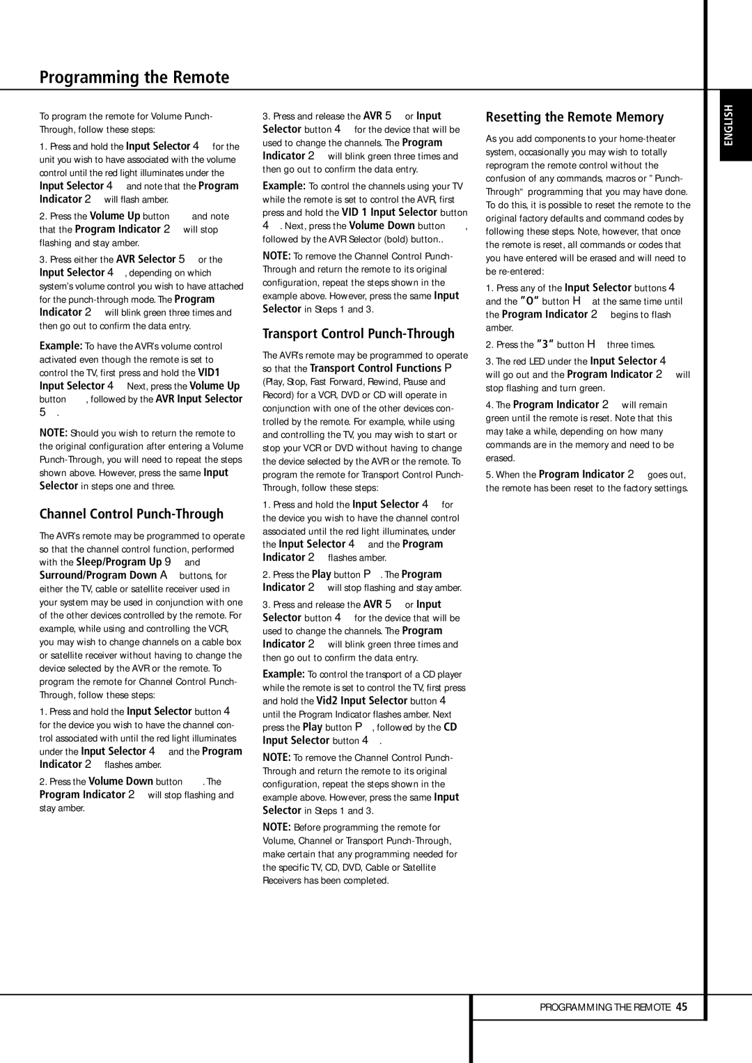 Harman-Kardon AVR 155 owner manual Channel Control Punch-Through, Resetting the Remote Memory 