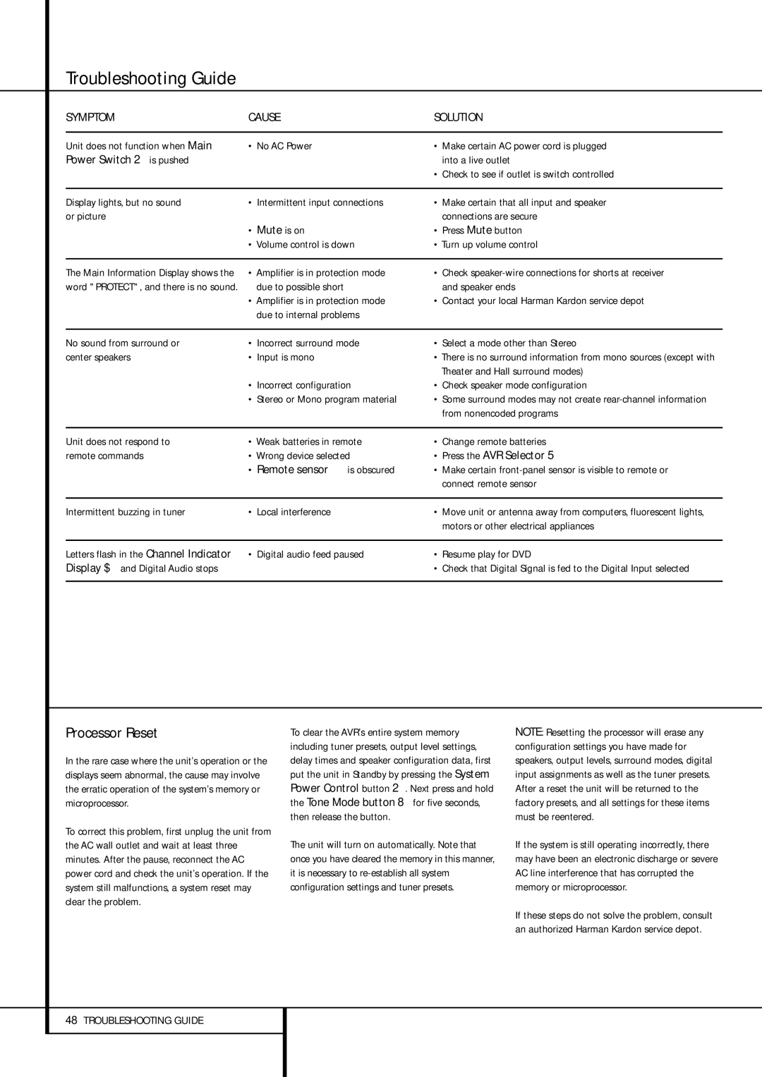 Harman-Kardon AVR 155 Troubleshooting Guide, Processor Reset, Power Switch 2 is pushed, Remote sensor Ú is obscured 