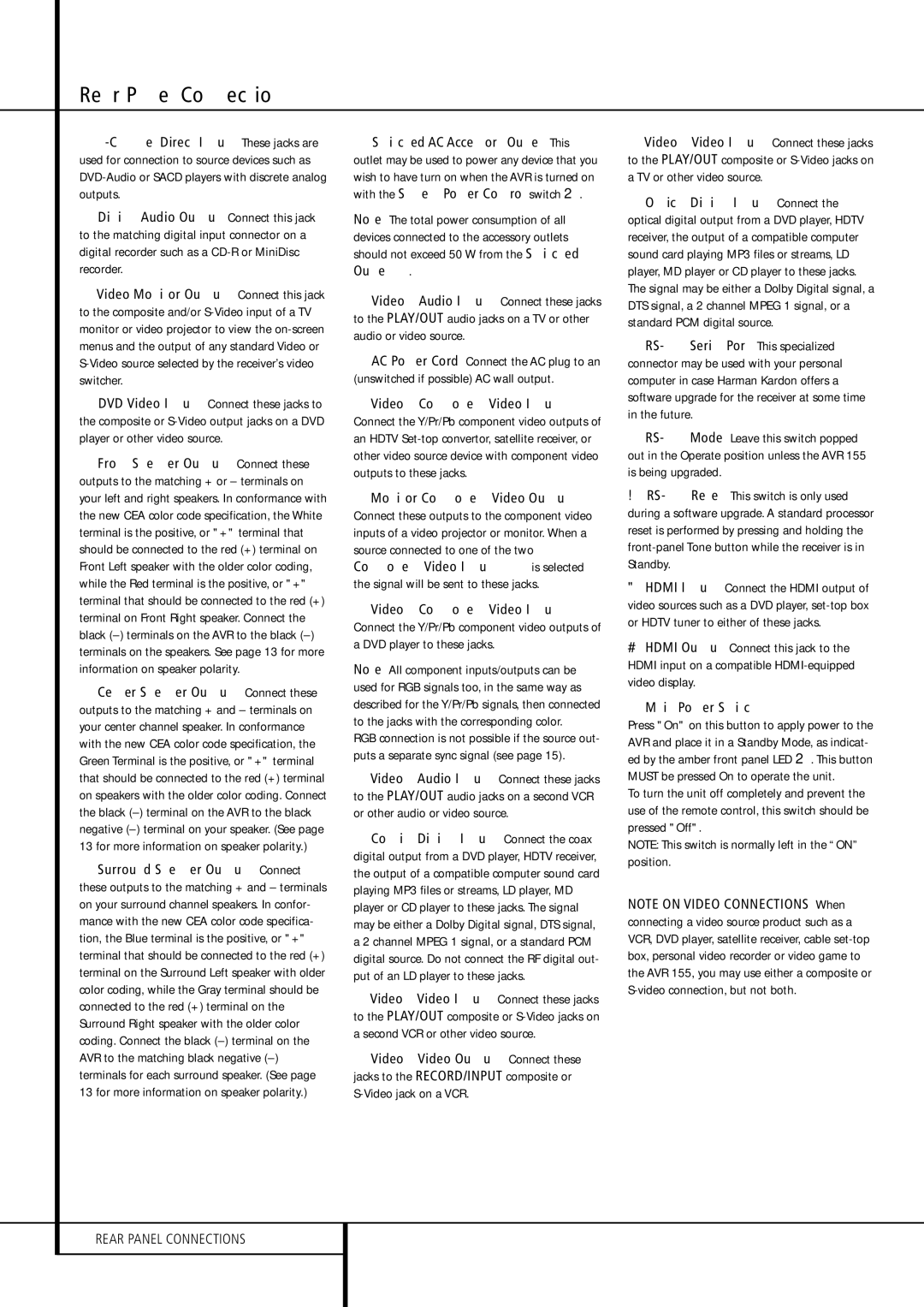 Harman-Kardon AVR 155 owner manual Main Power Switch 