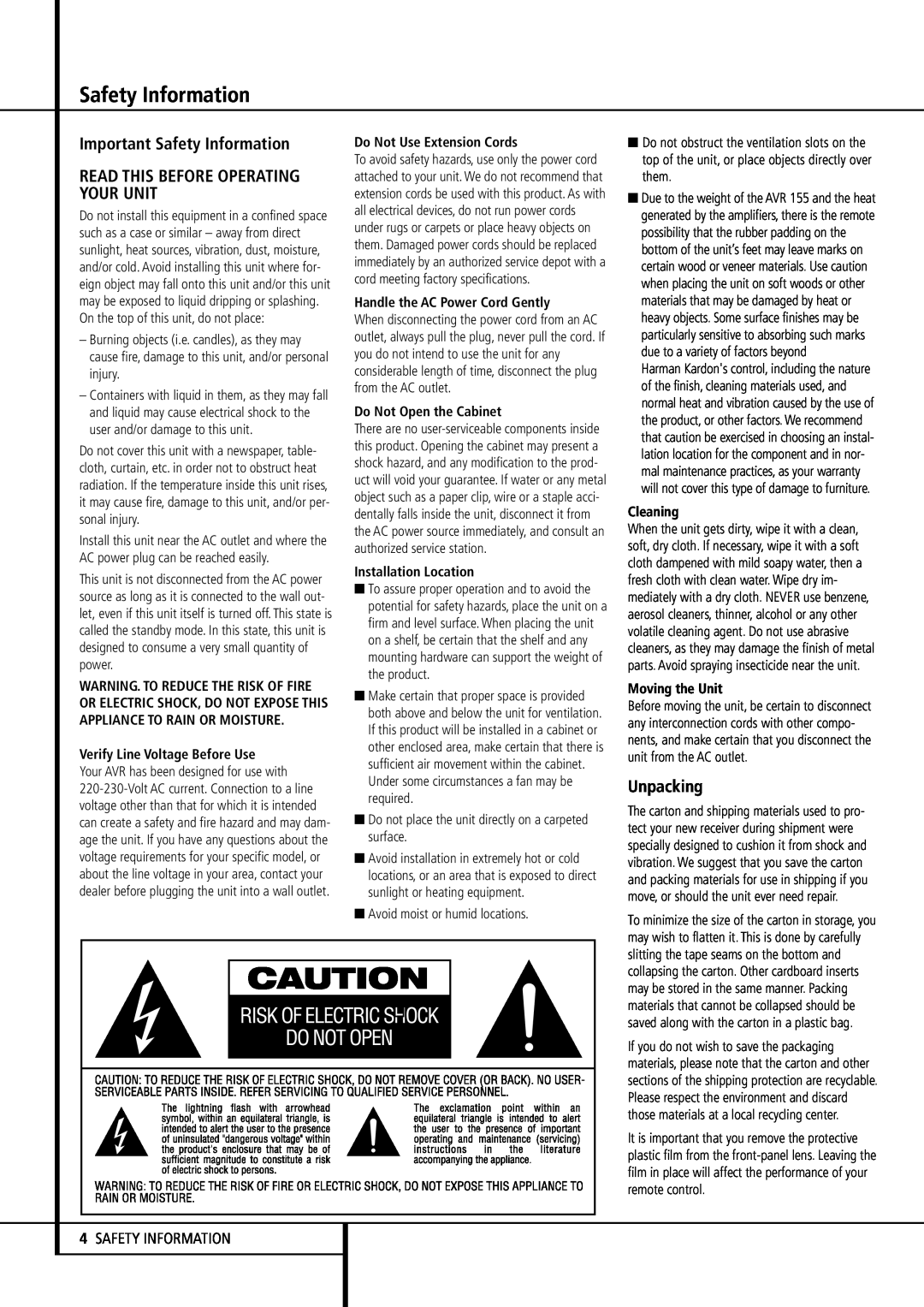 Harman-Kardon AVR 155 Important Safety Information, Read This Before Operating Your Unit, Unpacking, Cleaning 
