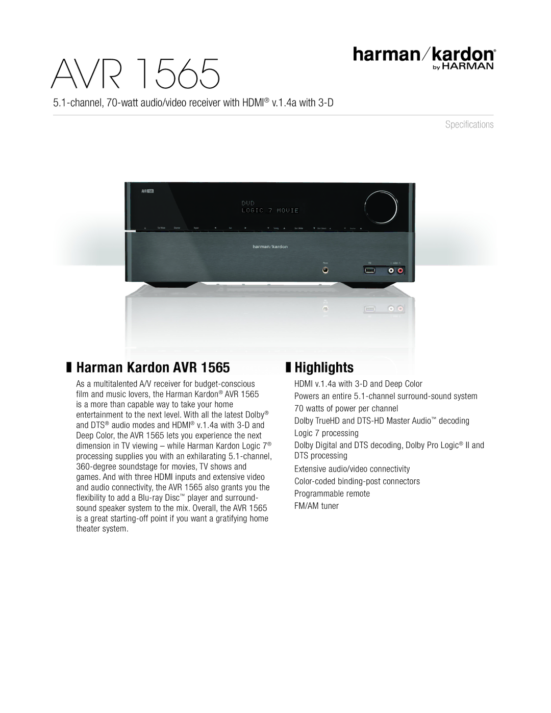 Harman-Kardon AVR 1565 specifications Harman Kardon AVR, Highlights 