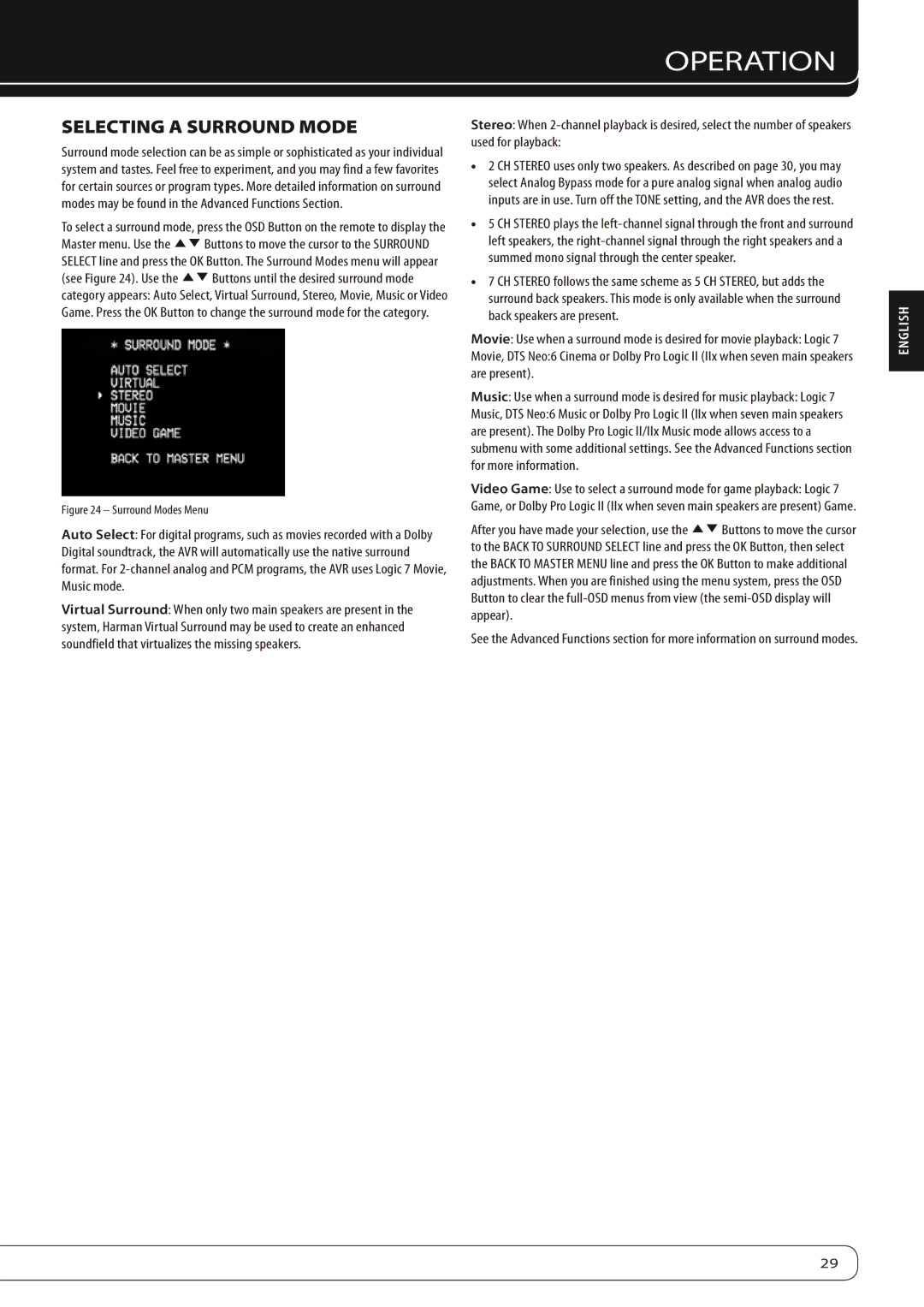 Harman-Kardon AVR 160 owner manual Selecting a Surround Mode, Surround Modes Menu 