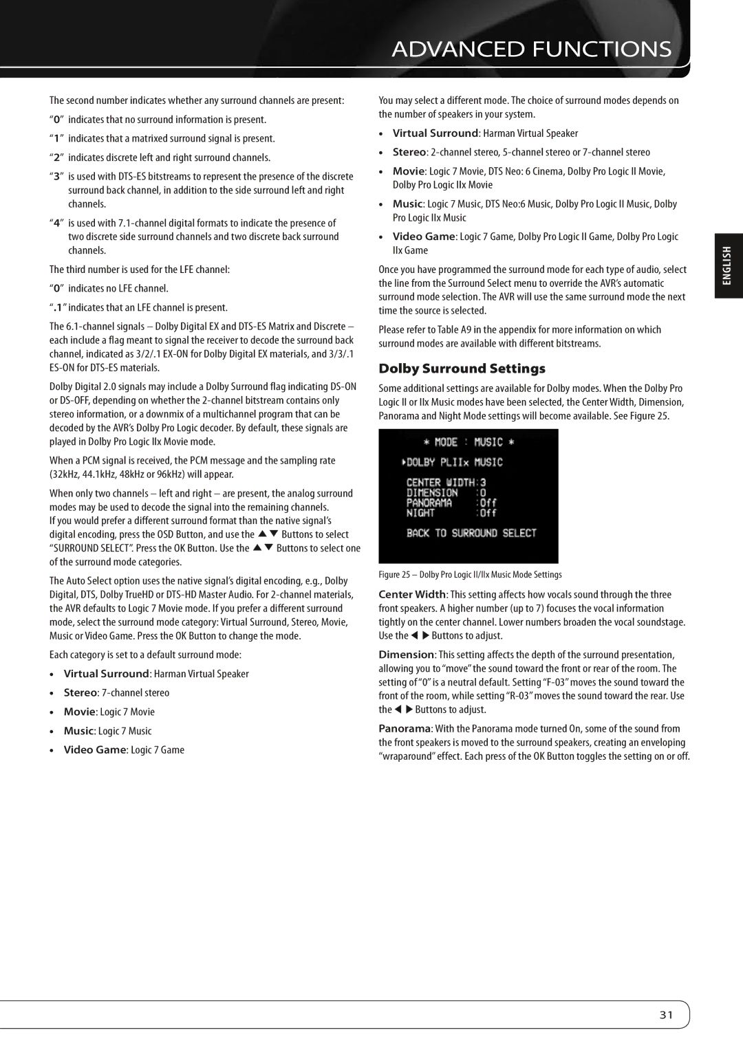 Harman-Kardon AVR 160 owner manual Advanced Functions, Dolby Surround Settings, Indicates that an LFE channel is present 