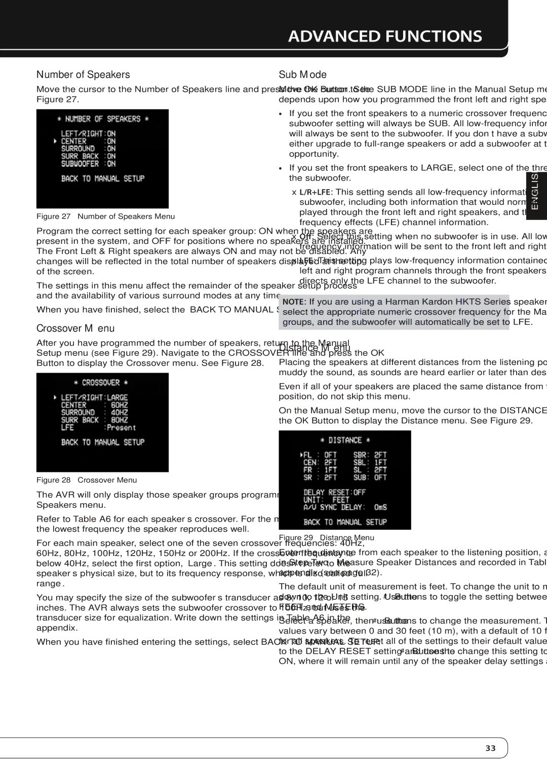 Harman-Kardon AVR 160 owner manual Number of Speakers, Crossover Menu, Sub Mode, Distance Menu 