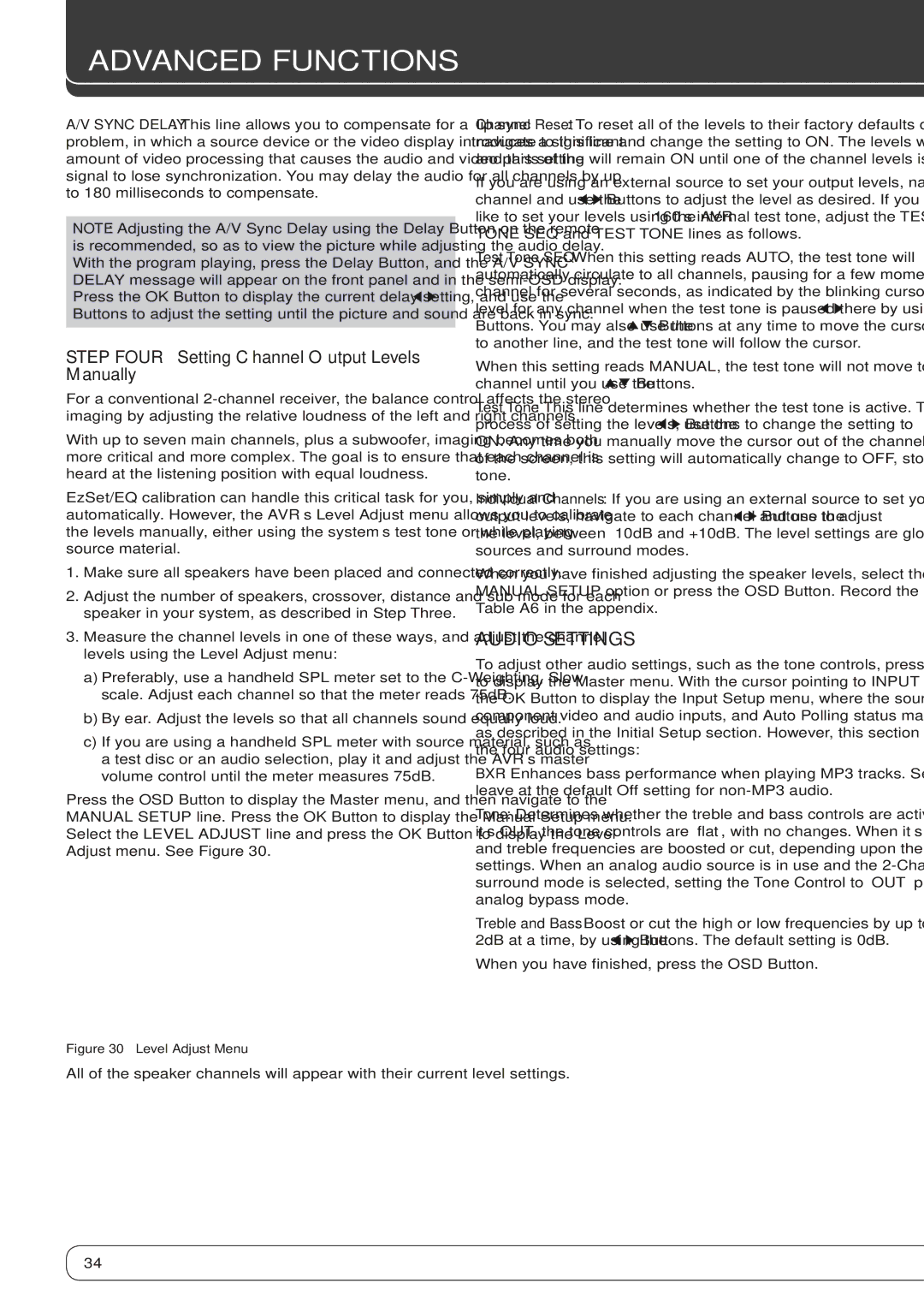 Harman-Kardon AVR 160 owner manual Audio Settings, Step Four Setting Channel Output Levels Manually 