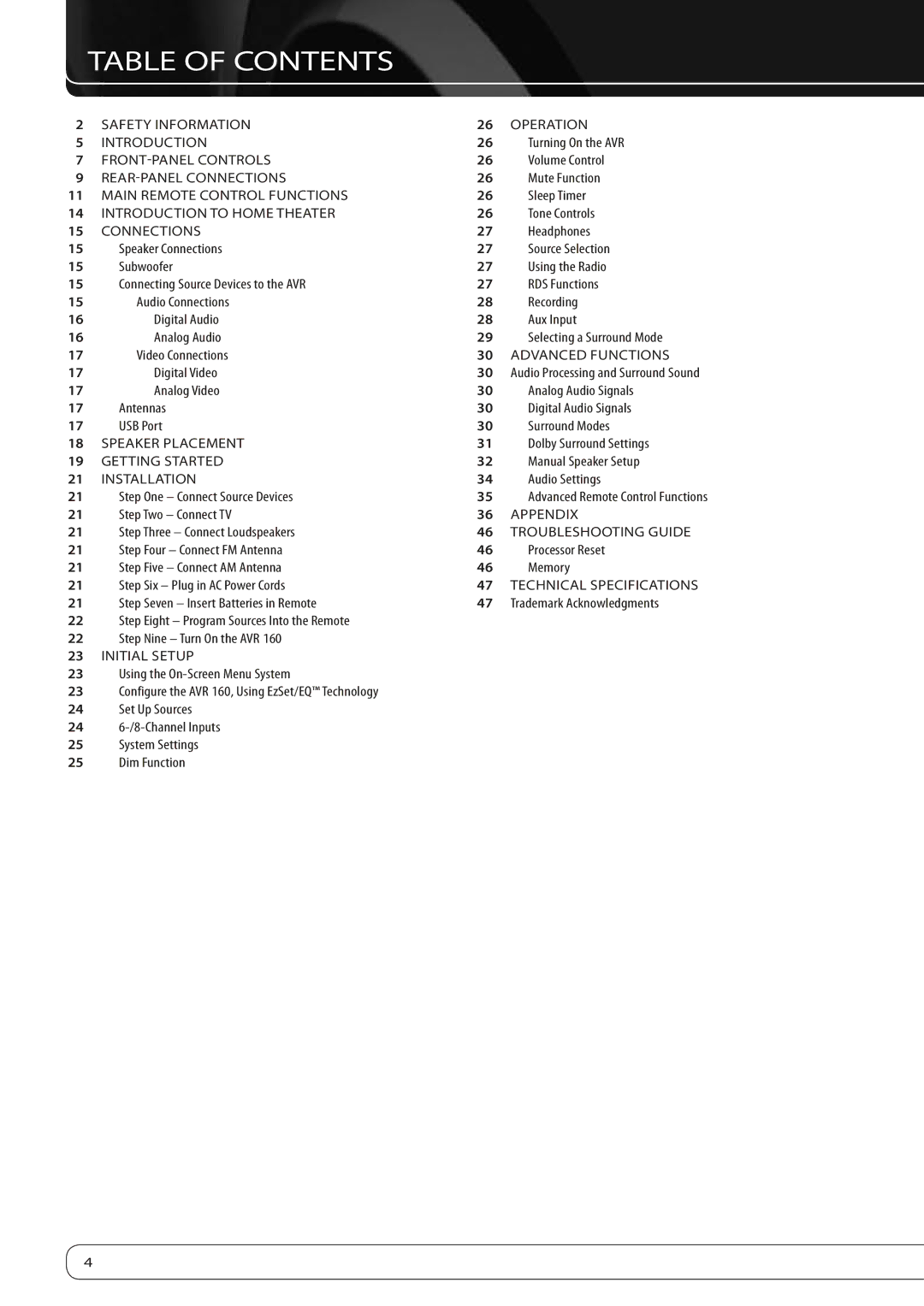 Harman-Kardon AVR 160 owner manual Table of Contents 