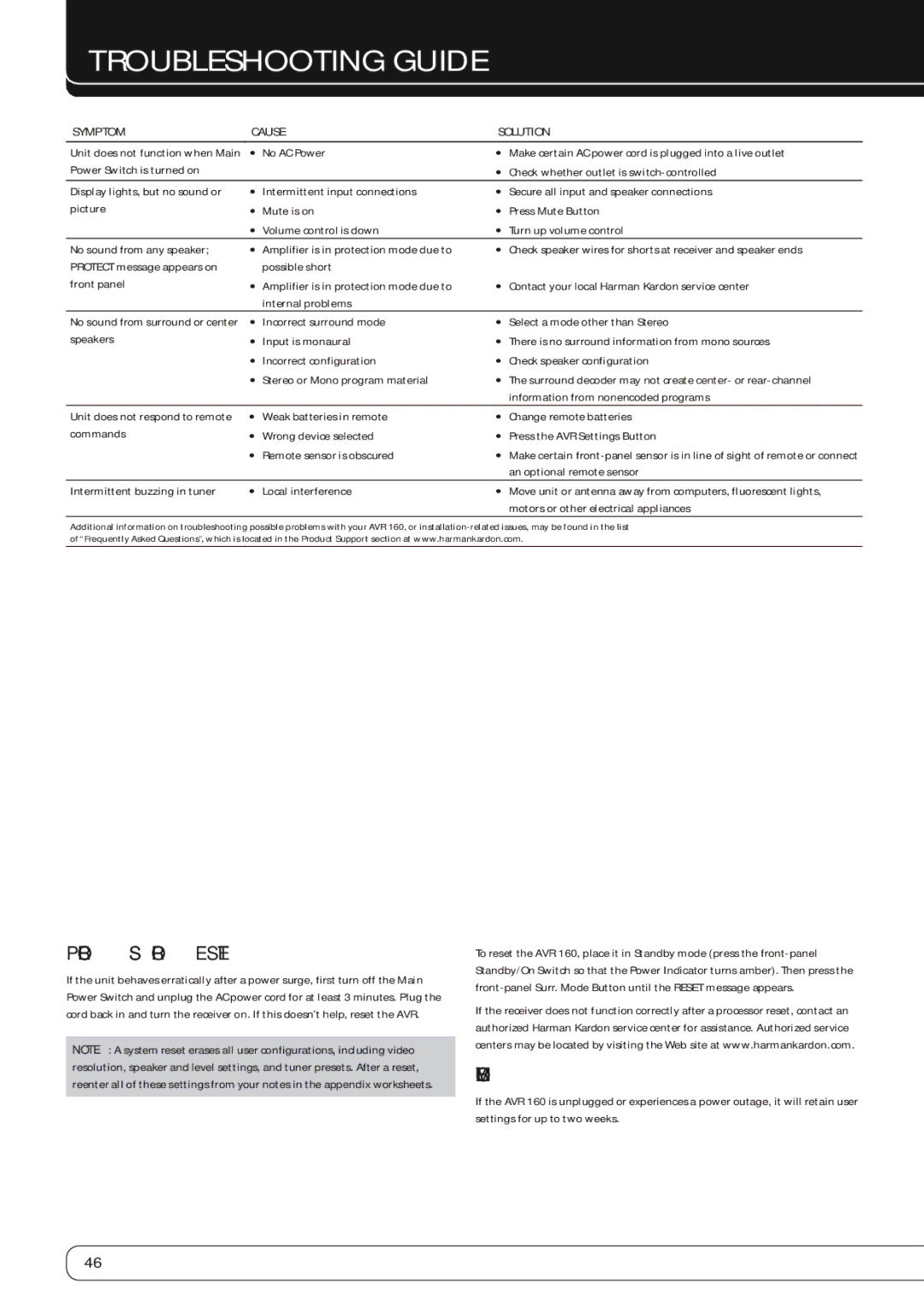 Harman-Kardon AVR 160 owner manual Troubleshooting Guide, Processor Reset, Memory 