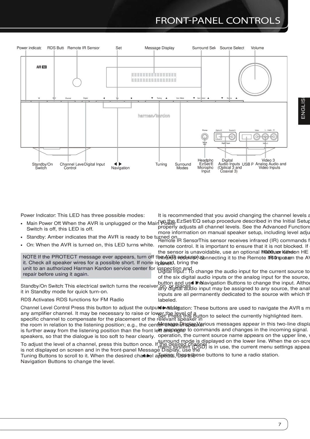 Harman-Kardon AVR 160 owner manual FRONT-PANEL Controls, Tuning Press these buttons to tune a radio station 