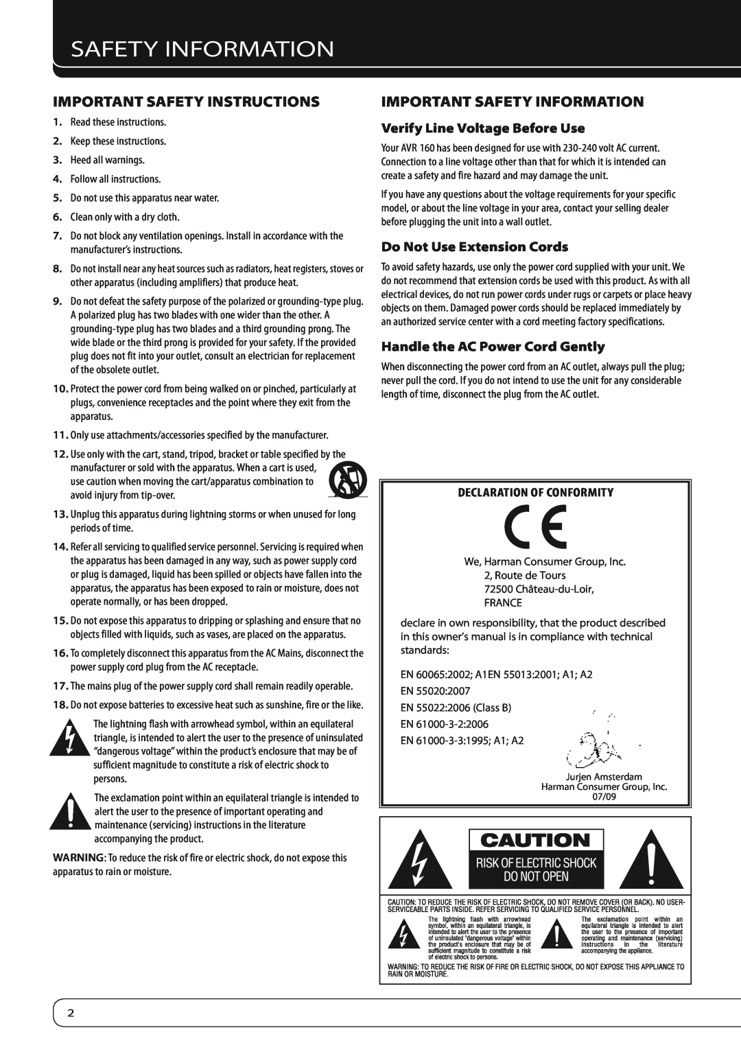 Harman-Kardon AVR 160 owner manual Safety Information, Verify Line Voltage Before Use, Do Not Use Extension Cords 