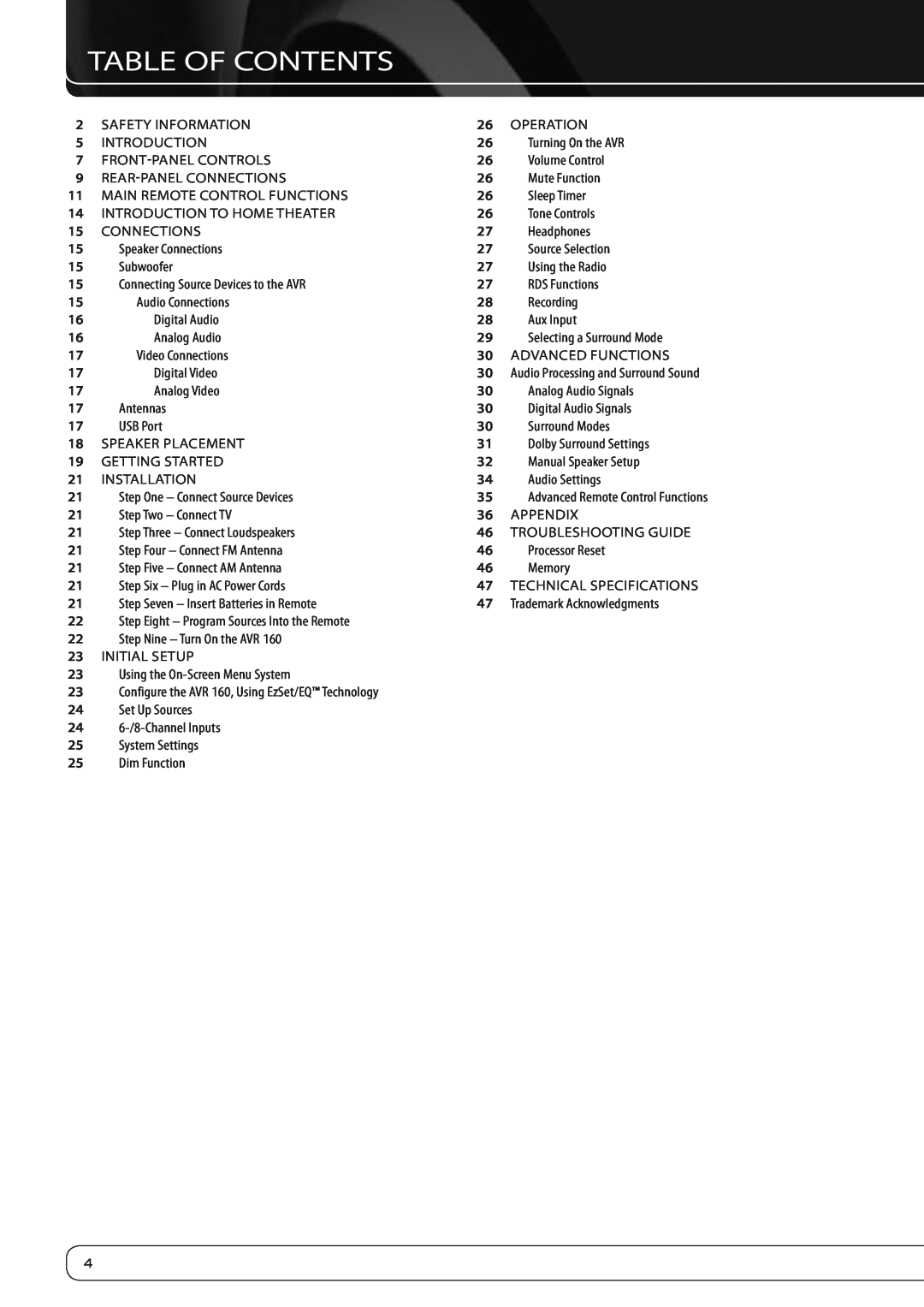 Harman-Kardon AVR 160 owner manual Table Of Contents 