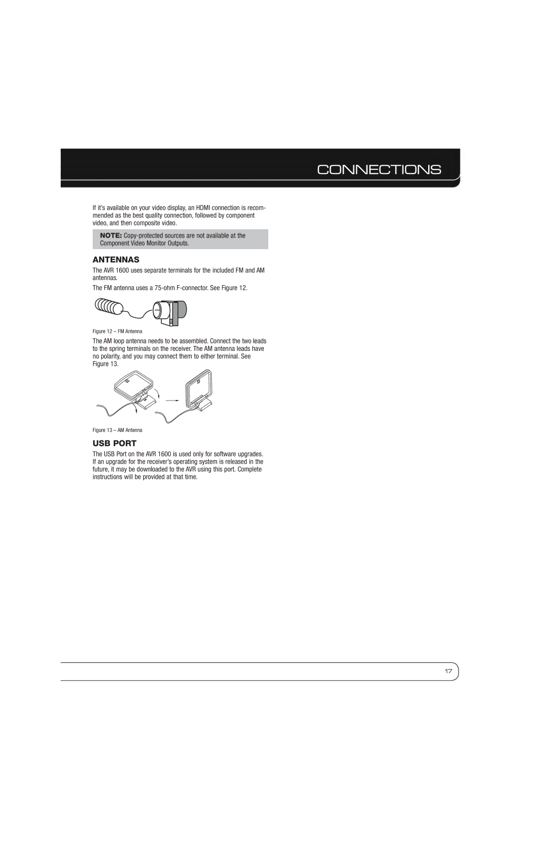 Harman-Kardon AVR 1600 owner manual Antennas, USB Port 