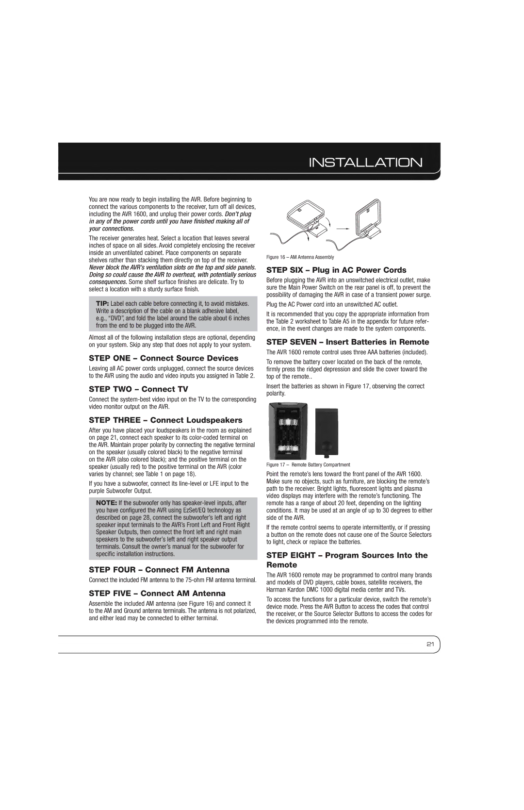 Harman-Kardon AVR 1600 owner manual Installation 