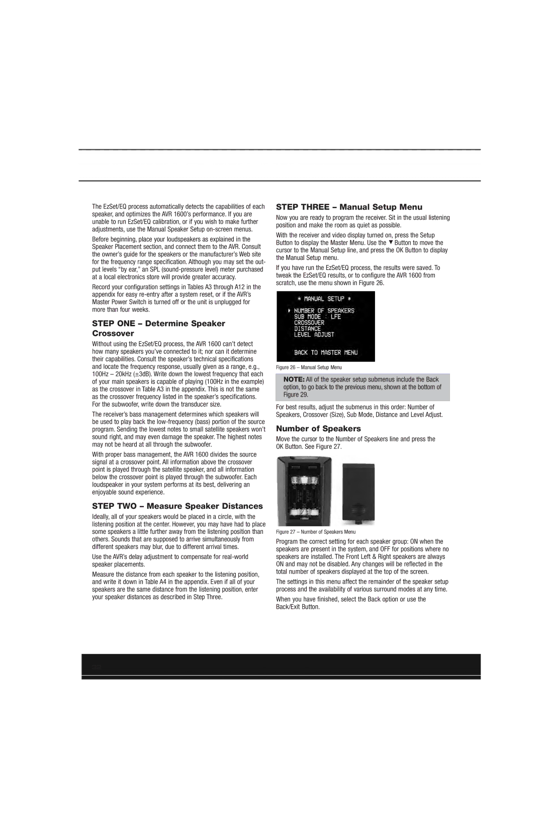 Harman-Kardon AVR 1600 Step ONE Determine Speaker Crossover, Step TWO Measure Speaker Distances, Number of Speakers 