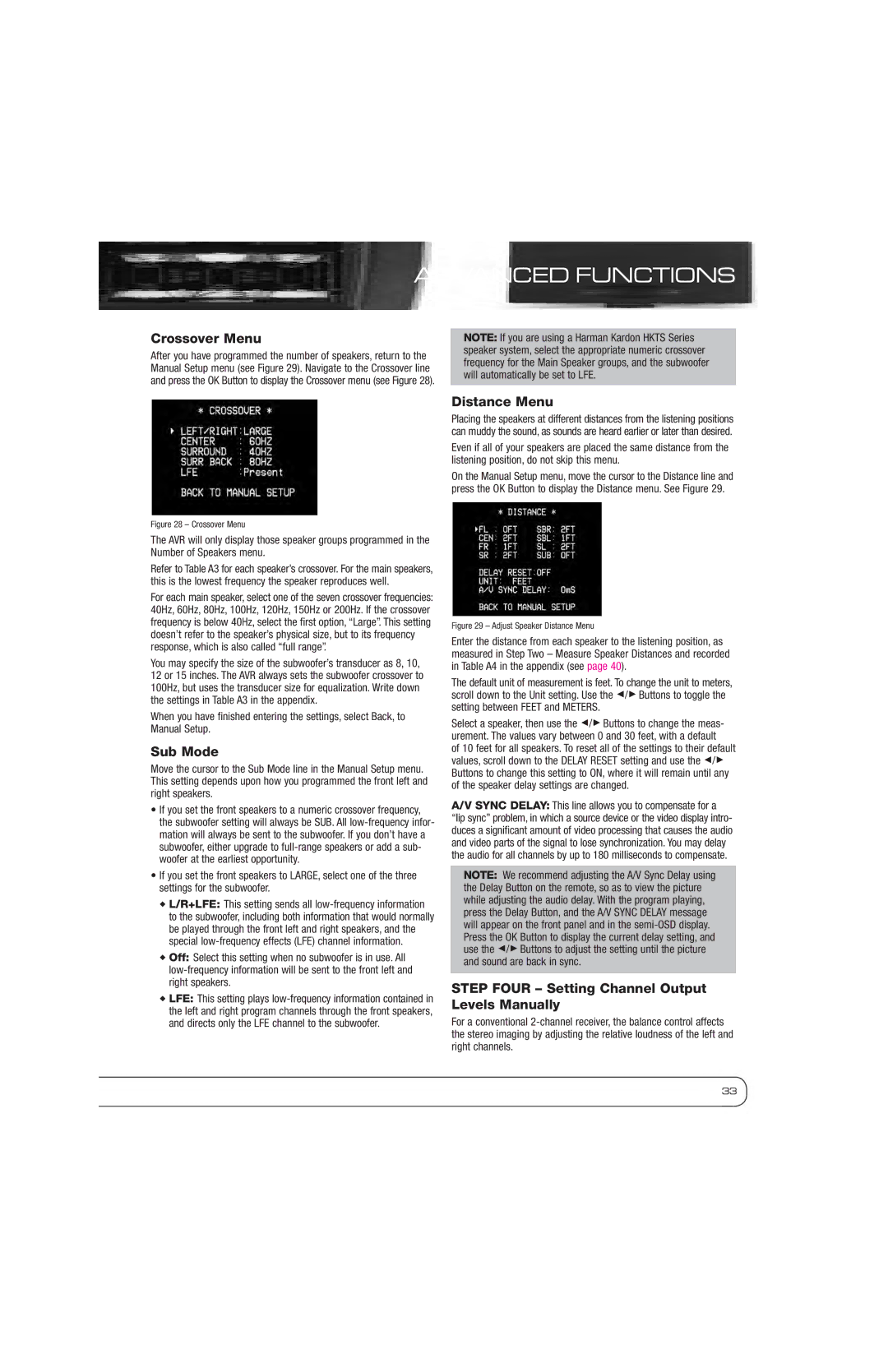 Harman-Kardon AVR 1600 Crossover Menu, Sub Mode, Distance Menu, Step Four Setting Channel Output Levels Manually 