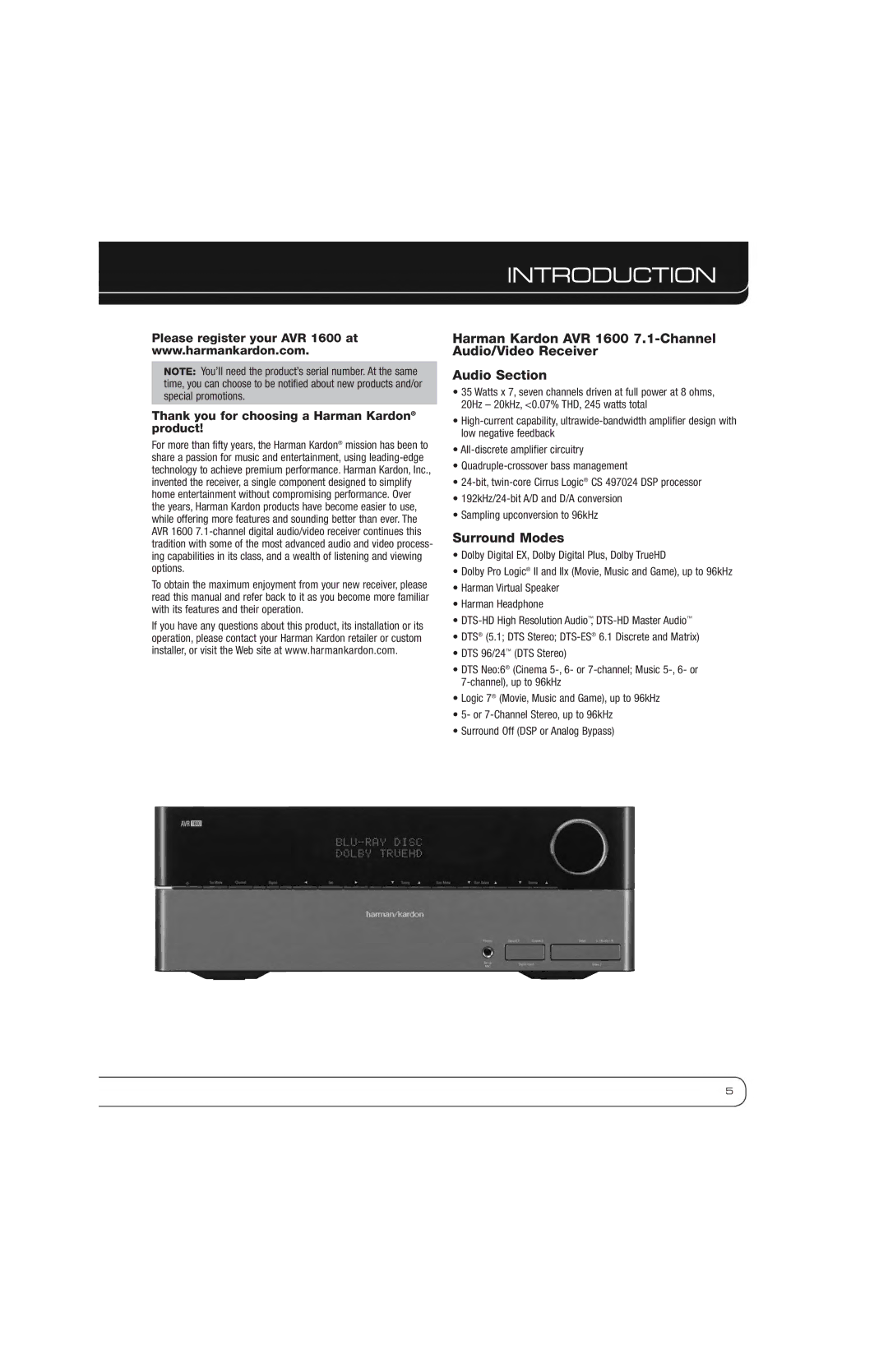 Harman-Kardon AVR 1600 owner manual Introduction, Surround Modes 