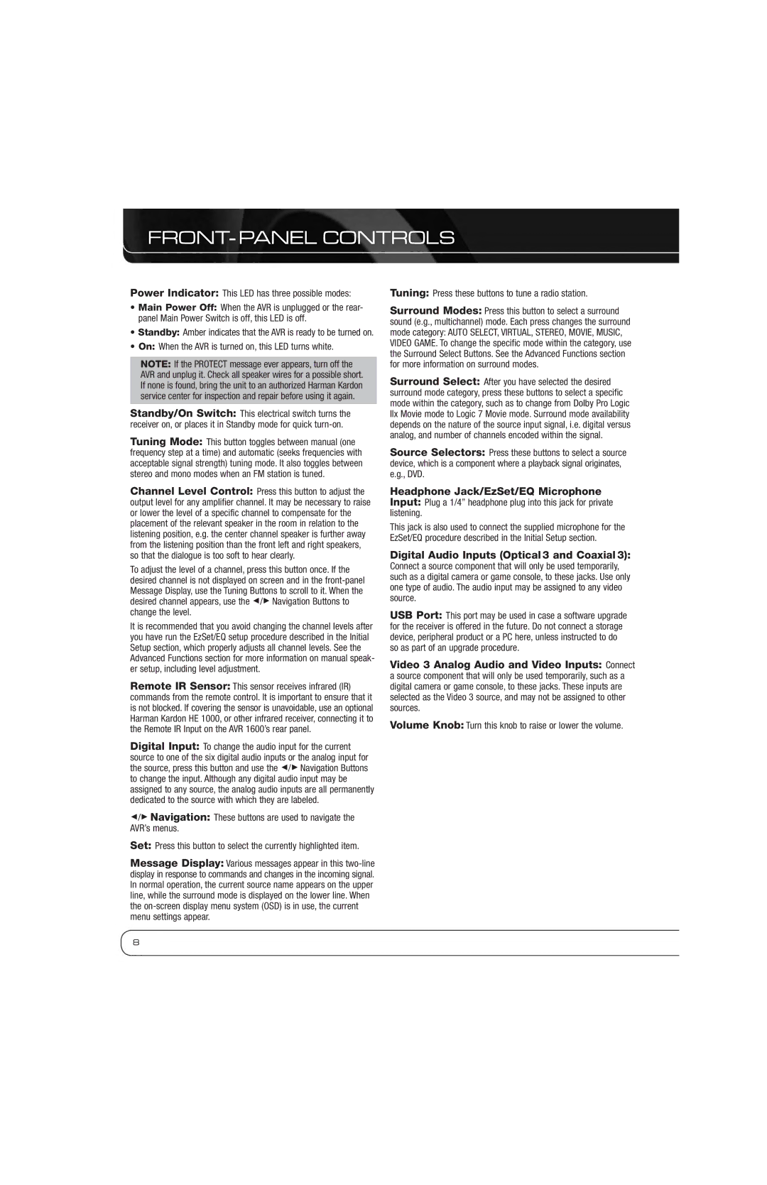 Harman-Kardon AVR 1600 owner manual FRONT-PANEL Controls, On When the AVR is turned on, this LED turns white 