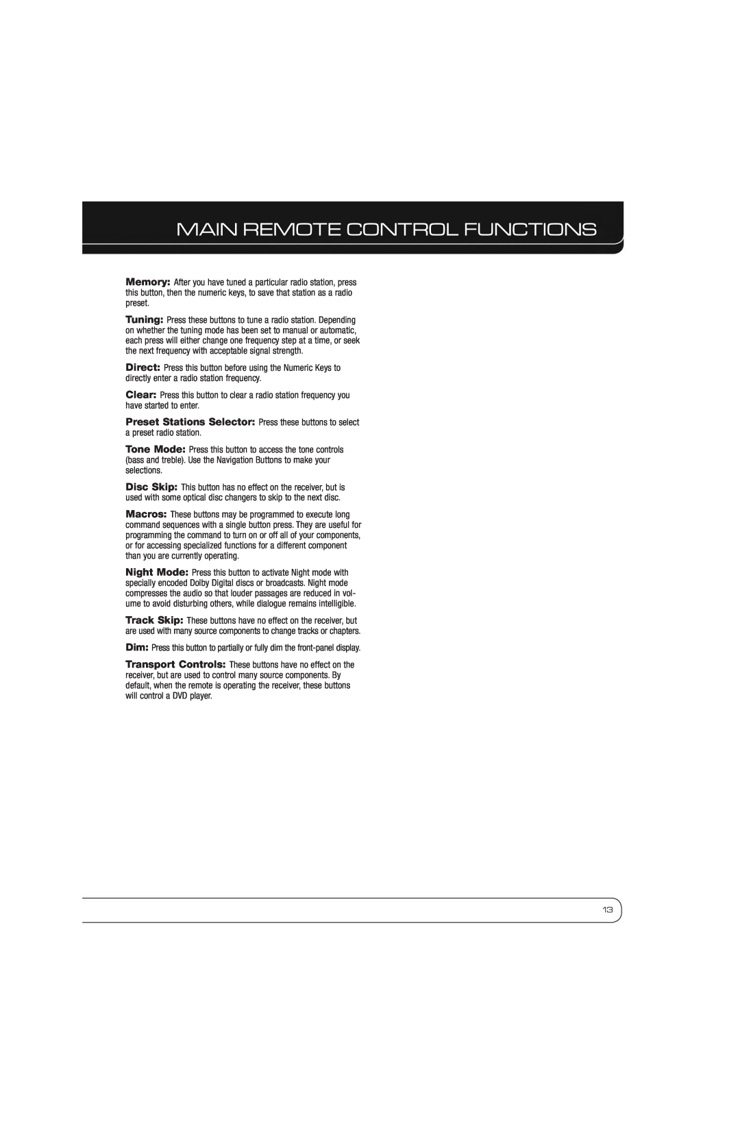 Harman-Kardon AVR 1600 owner manual Main Remote Control Functions 