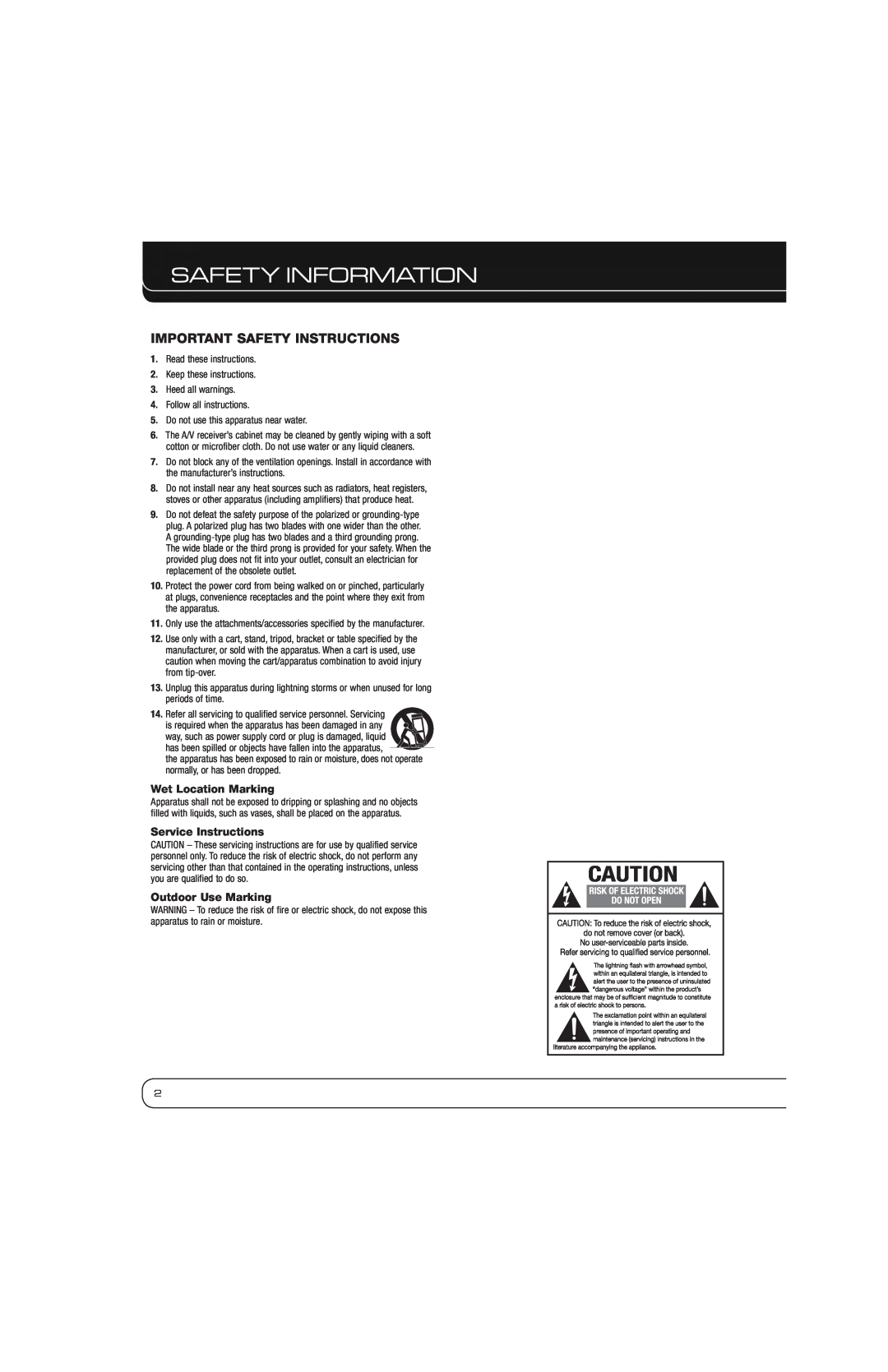 Harman-Kardon AVR 1600 Safety Information, Important Safety Instructions, Wet Location Marking, Service Instructions 
