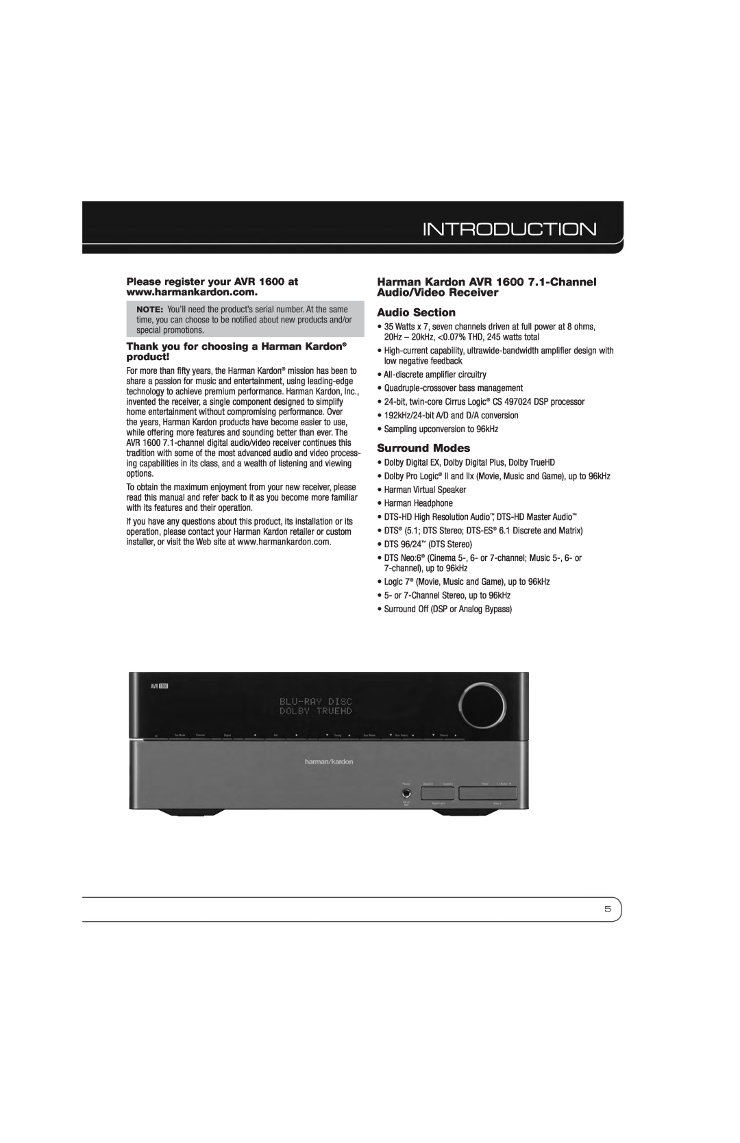 Harman-Kardon owner manual Introduction, Audio Section, Surround Modes, Please register your AVR 1600 at 