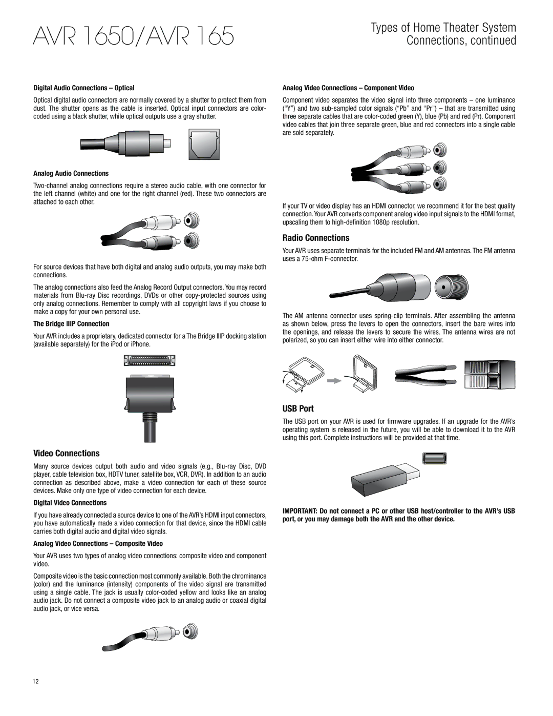 Harman-Kardon AVR 1650 owner manual Radio Connections, Video Connections, USB Port 