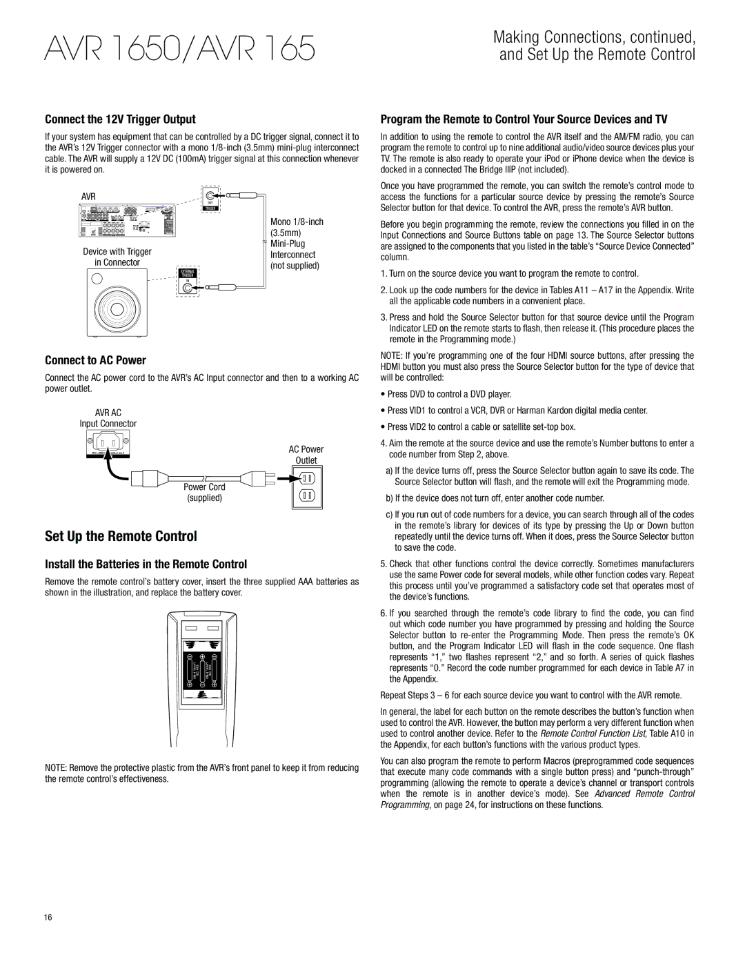 Harman-Kardon AVR 1650 owner manual Set Up the Remote Control, Connect the 12V Trigger Output, Connect to AC Power 