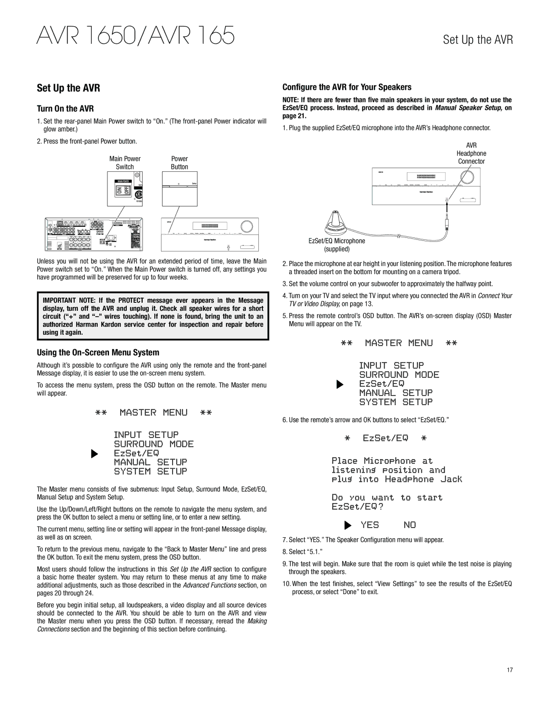 Harman-Kardon AVR 1650 owner manual Set Up the AVR, Turn On the AVR, Using the On-Screen Menu System 