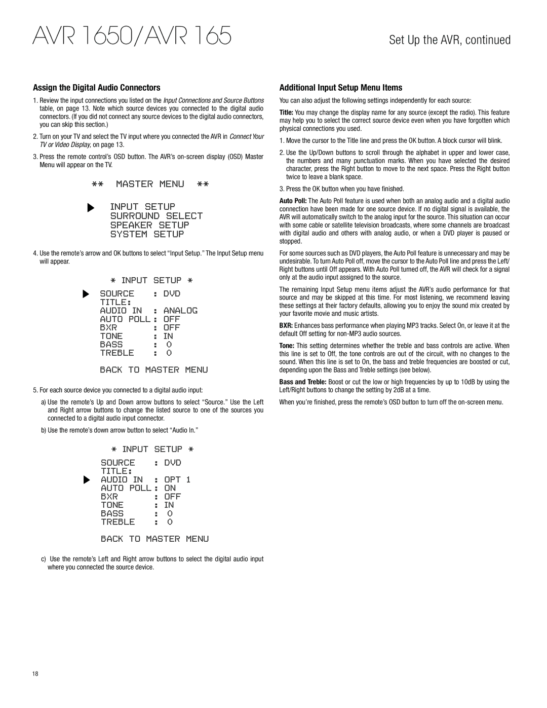 Harman-Kardon AVR 1650 owner manual Assign the Digital Audio Connectors, Additional Input Setup Menu Items 