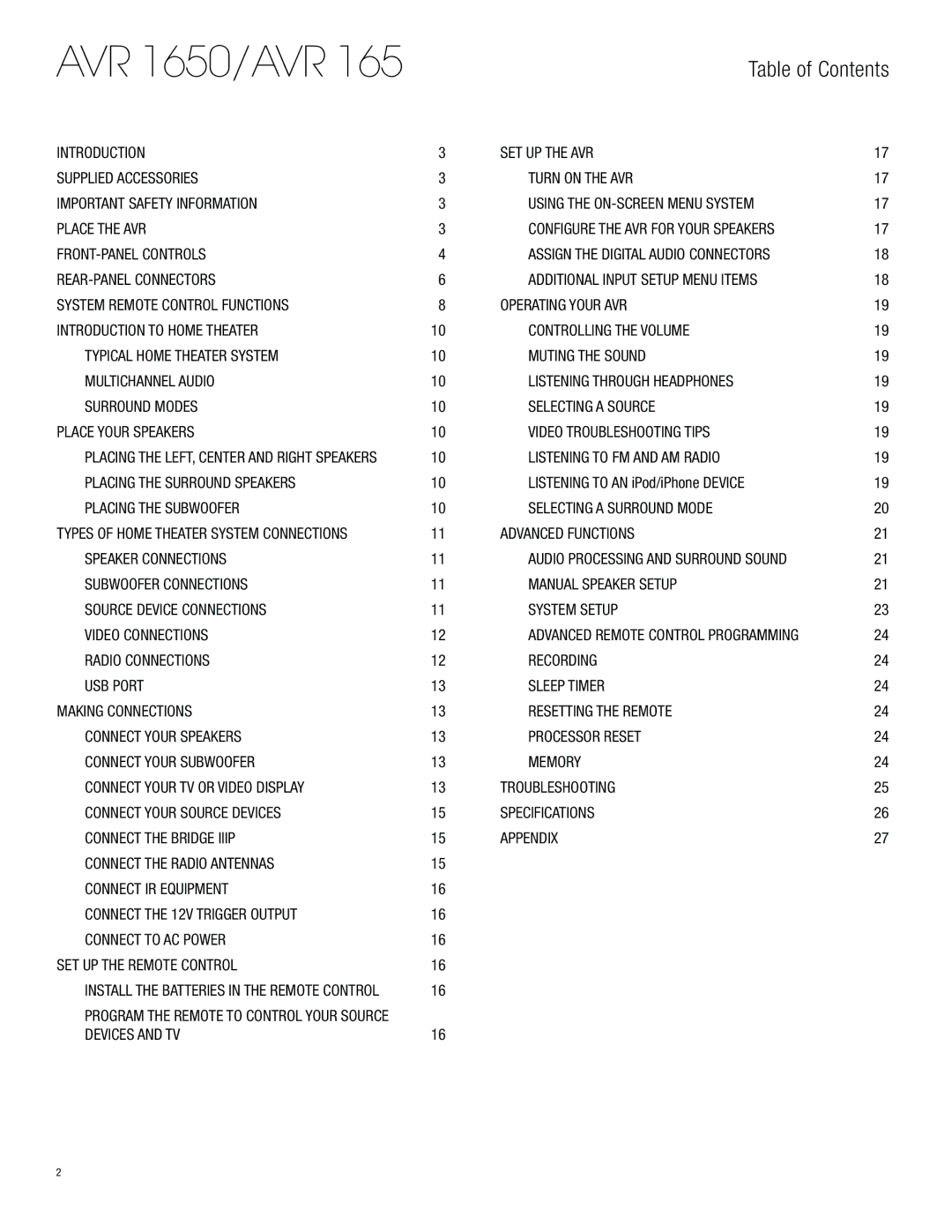 Harman-Kardon AVR 1650 owner manual Table of Contents 