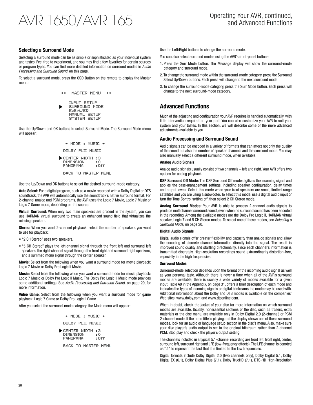 Harman-Kardon AVR 1650 owner manual Advanced Functions, Selecting a Surround Mode, Audio Processing and Surround Sound 