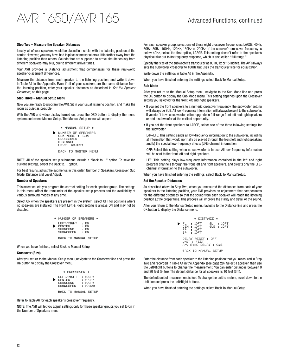 Harman-Kardon AVR 1650 Step Two Measure the Speaker Distances, Step Three Manual Setup Menu, Number of Speakers, Sub Mode 