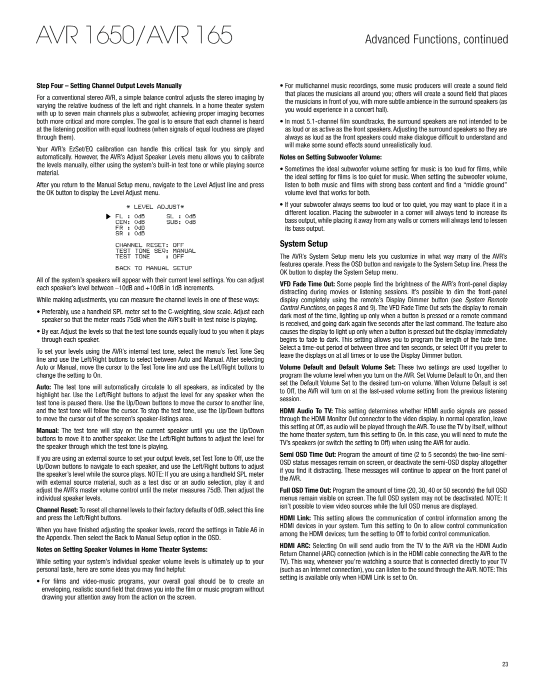 Harman-Kardon AVR 1650 owner manual System Setup, Step Four Setting Channel Output Levels Manually 