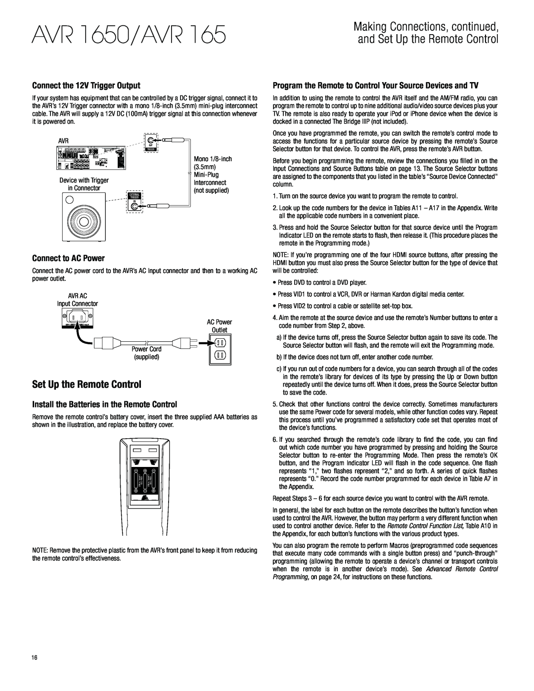 Harman-Kardon owner manual Set Up the Remote Control, Connect the 12V Trigger Output, Connect to AC Power, AVR 1650/AVR 