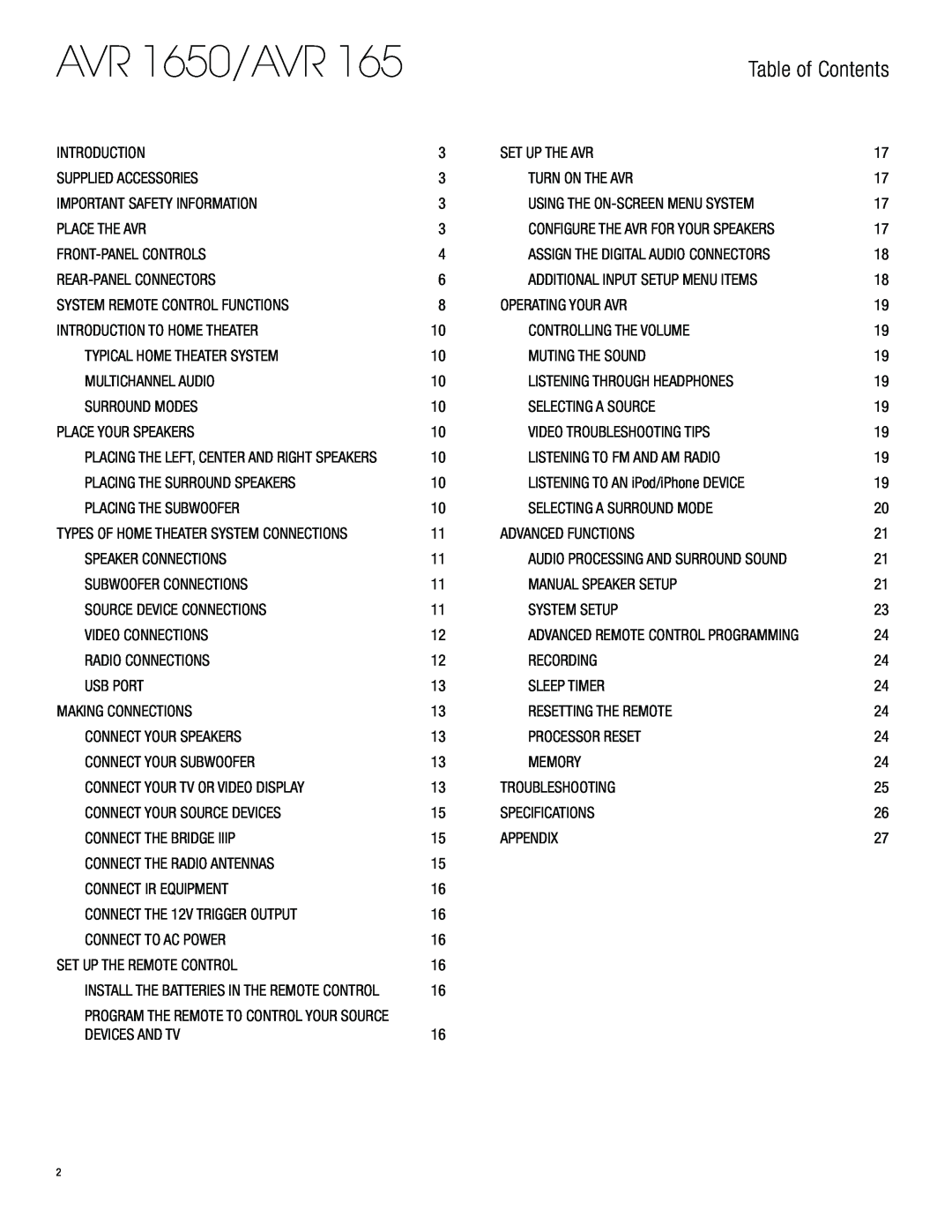 Harman-Kardon owner manual Table of Contents, AVR 1650/AVR 