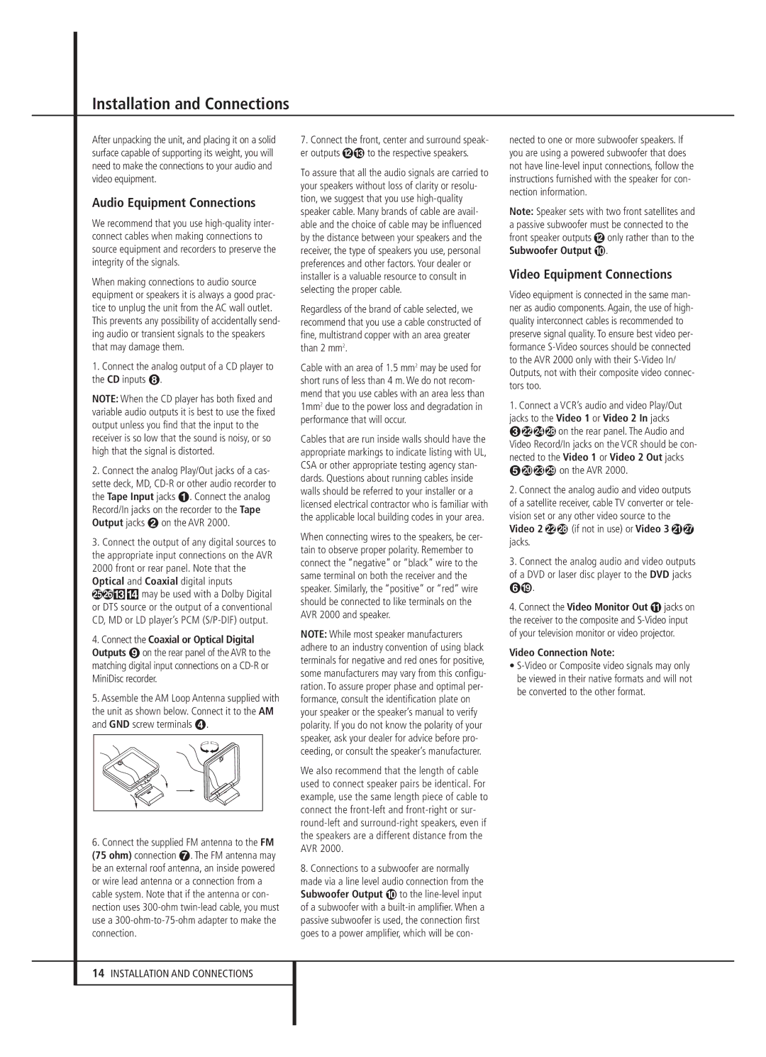 Harman-Kardon AVR 2000 owner manual Installation and Connections, Audio Equipment Connections, Video Equipment Connections 