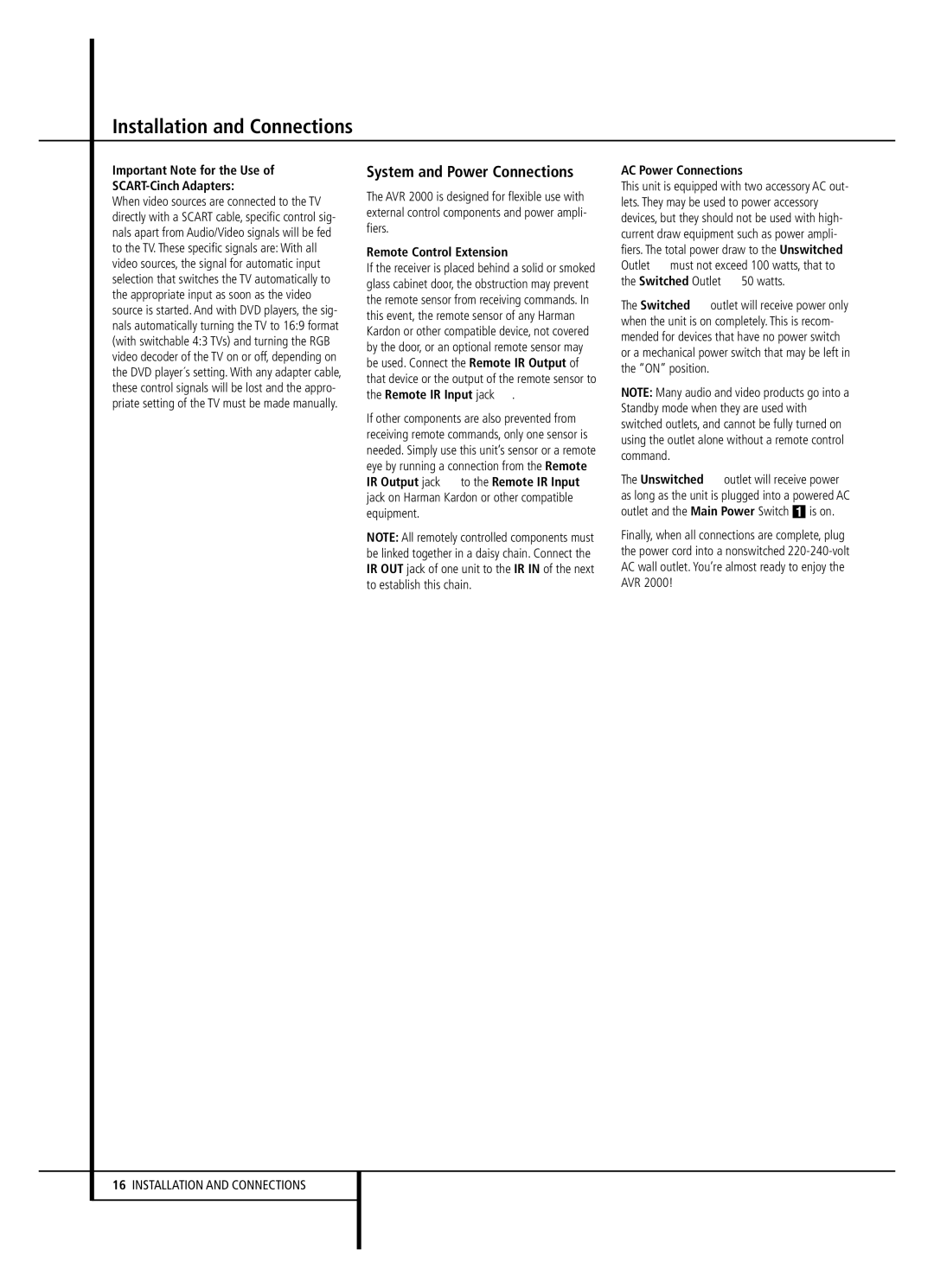 Harman-Kardon AVR 2000 System and Power Connections, Important Note for the Use SCART-Cinch Adapters, AC Power Connections 