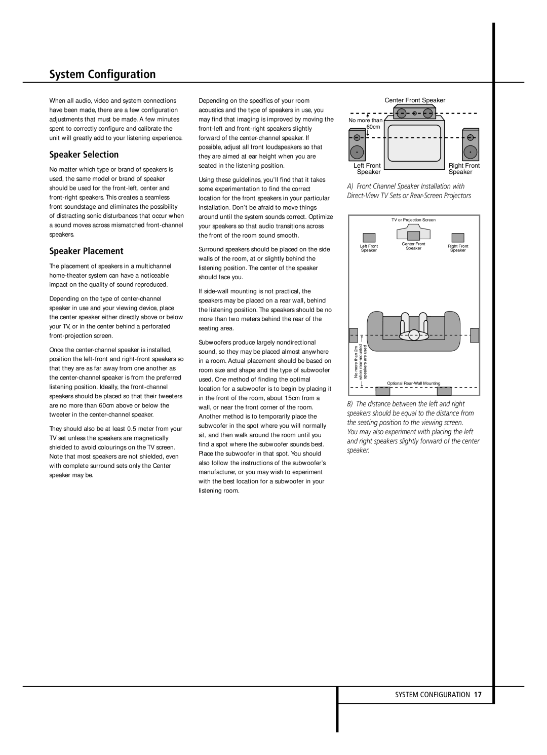 Harman-Kardon AVR 2000 owner manual System Configuration, Speaker Selection, Speaker Placement 