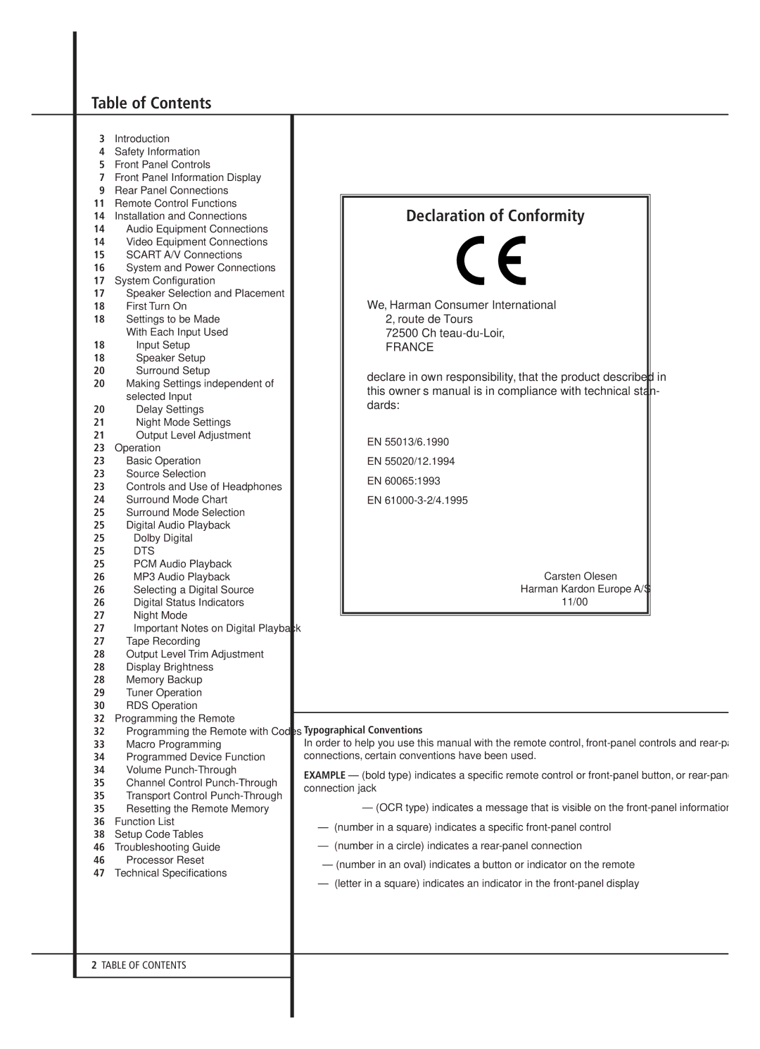 Harman-Kardon AVR 2000 owner manual Table of Contents, Declaration of Conformity 