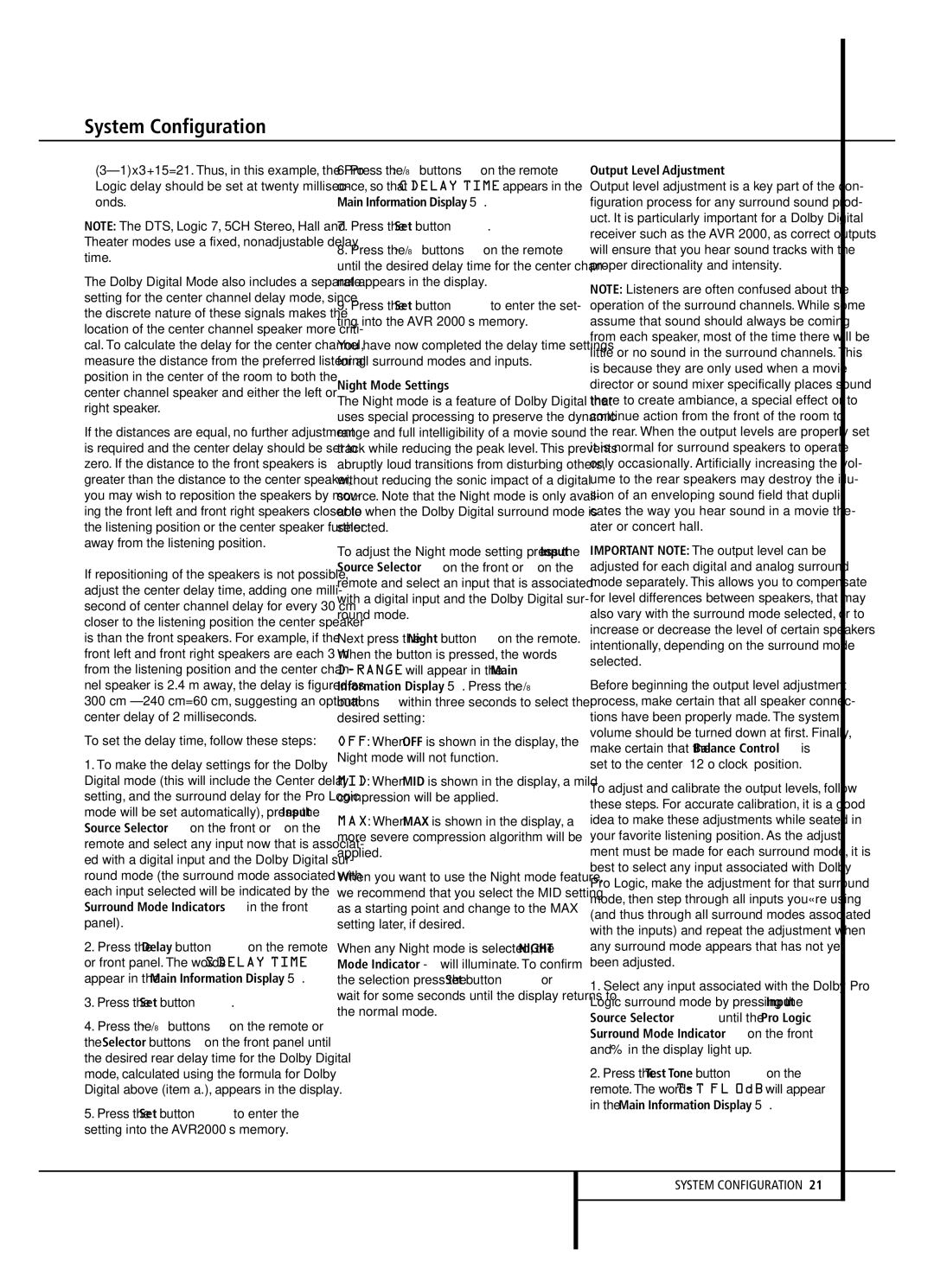 Harman-Kardon AVR 2000 owner manual To set the delay time, follow these steps, Night Mode Settings, Output Level Adjustment 