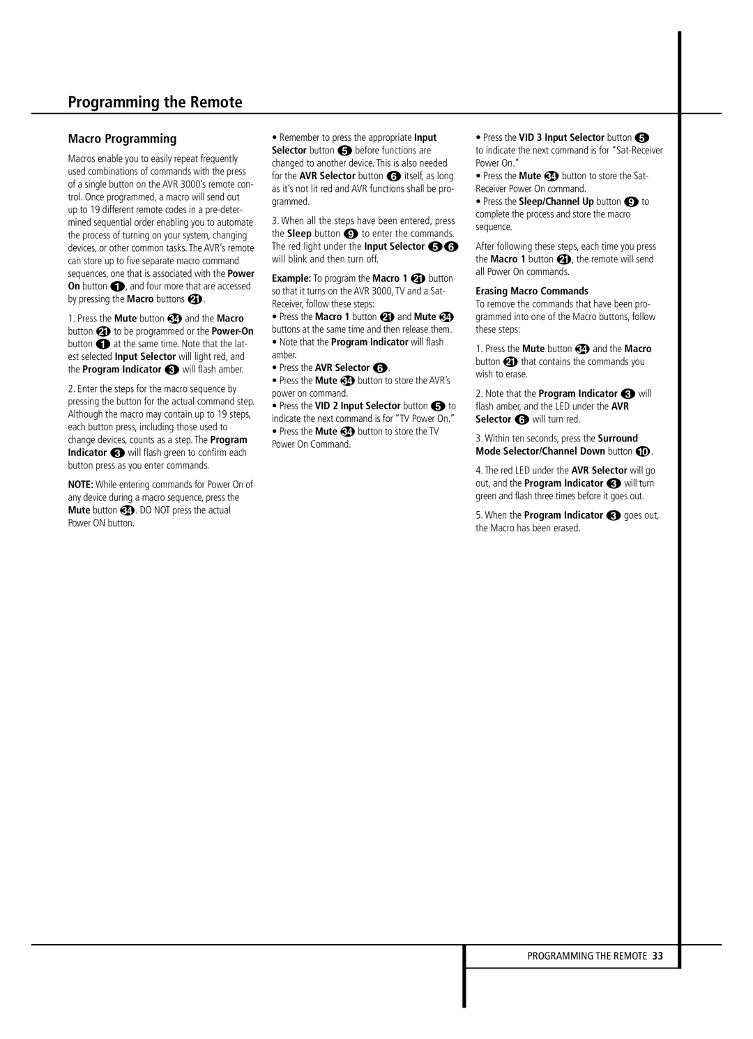 Harman-Kardon AVR 2000 Programming the Remote, Macro Programming, Press the AVR Selector, Erasing Macro Commands 