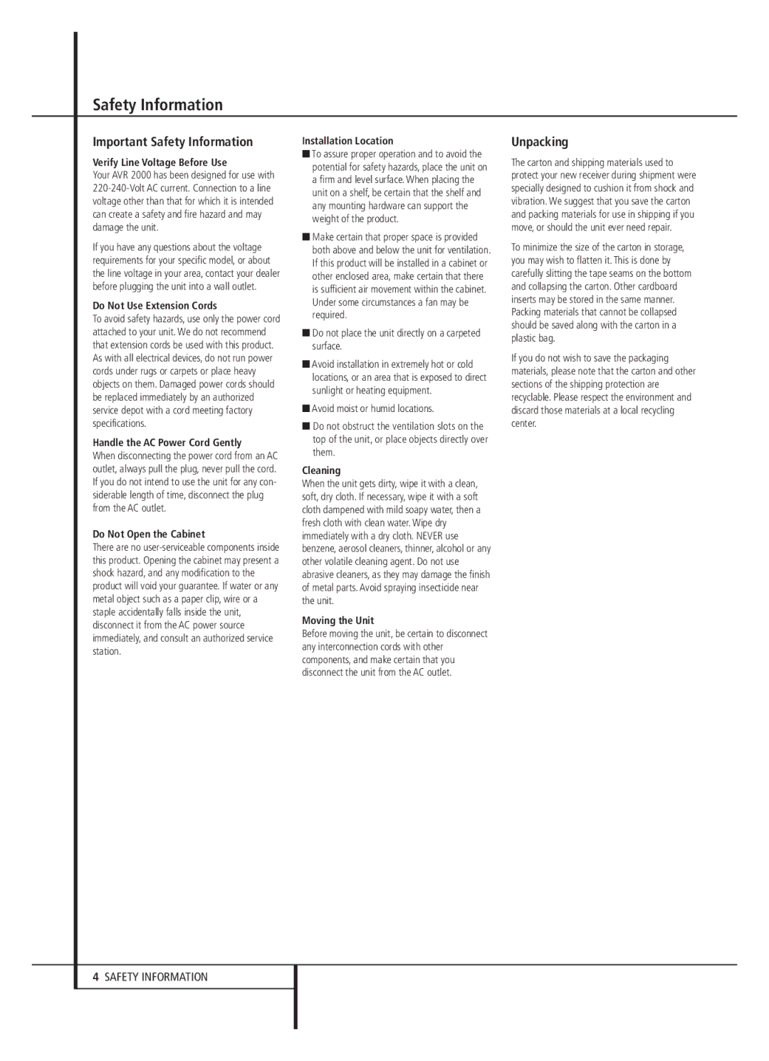 Harman-Kardon AVR 2000 owner manual Important Safety Information, Unpacking 