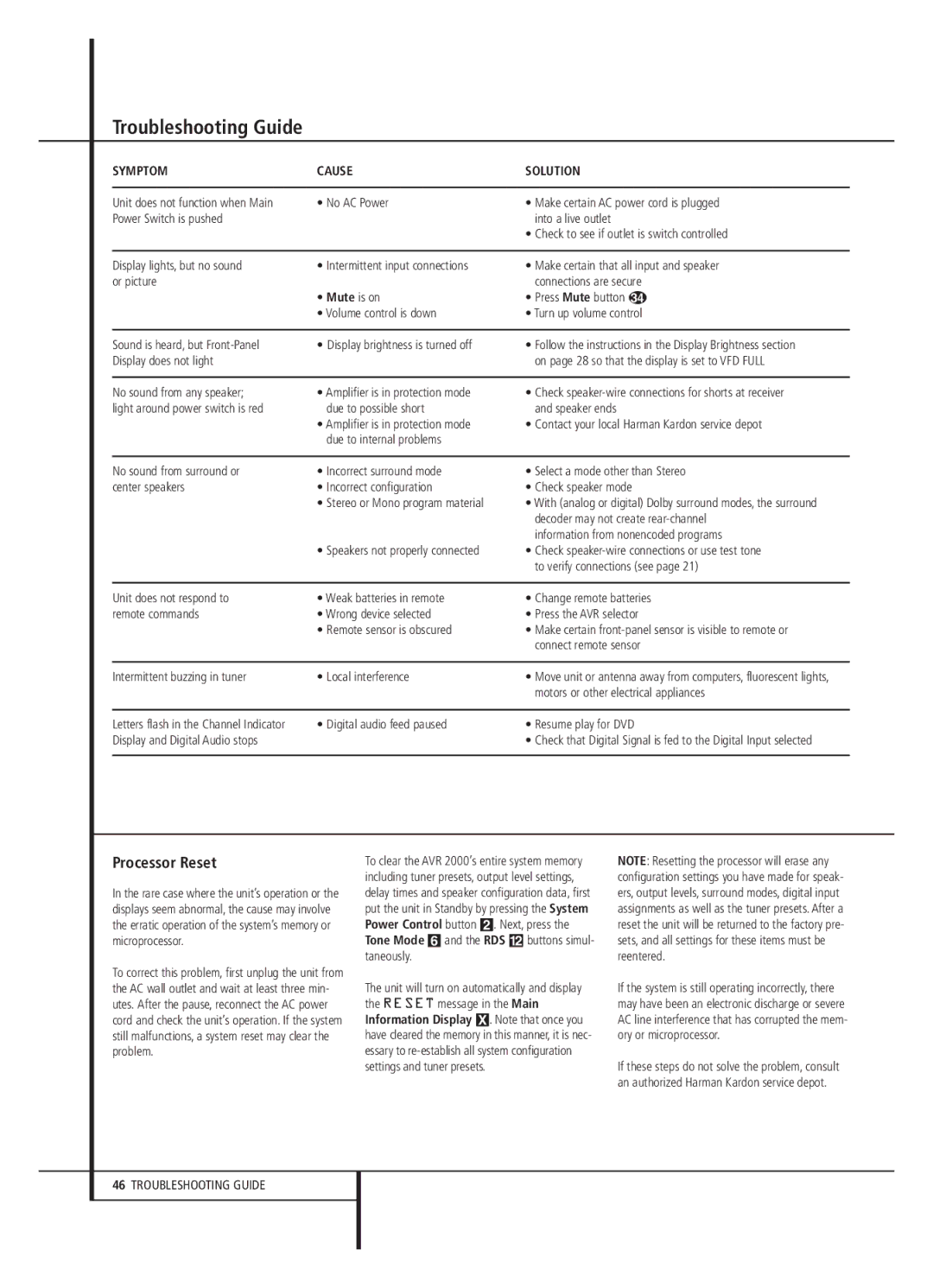 Harman-Kardon AVR 2000 owner manual Troubleshooting Guide, Processor Reset 