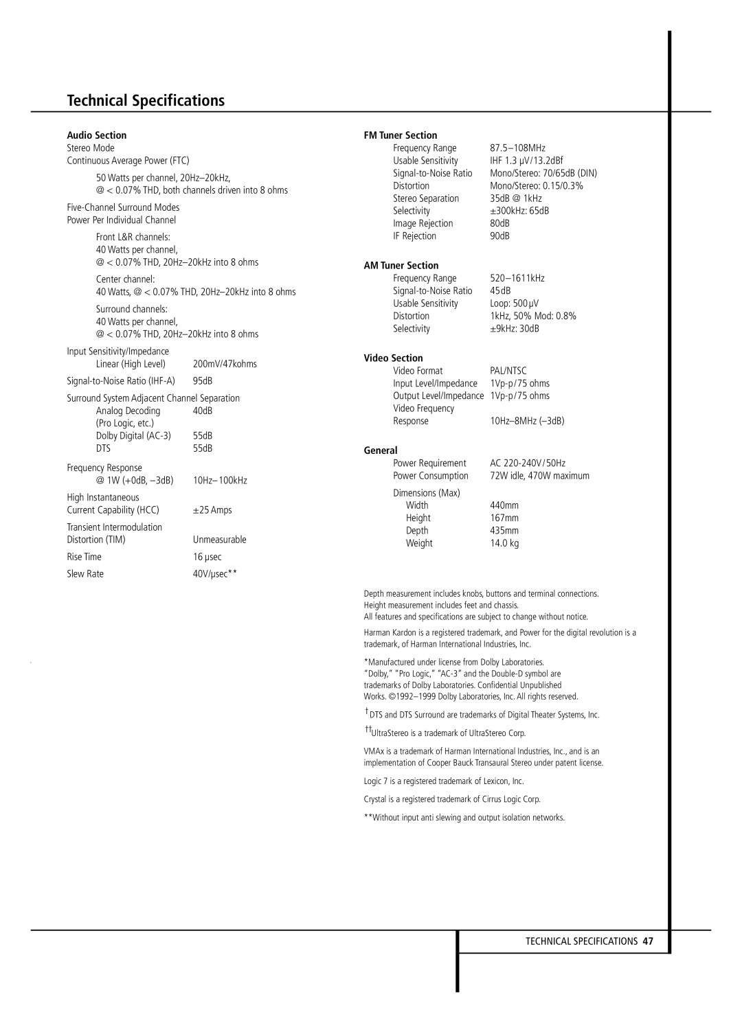 Harman-Kardon AVR 2000 owner manual Technical Specifications 