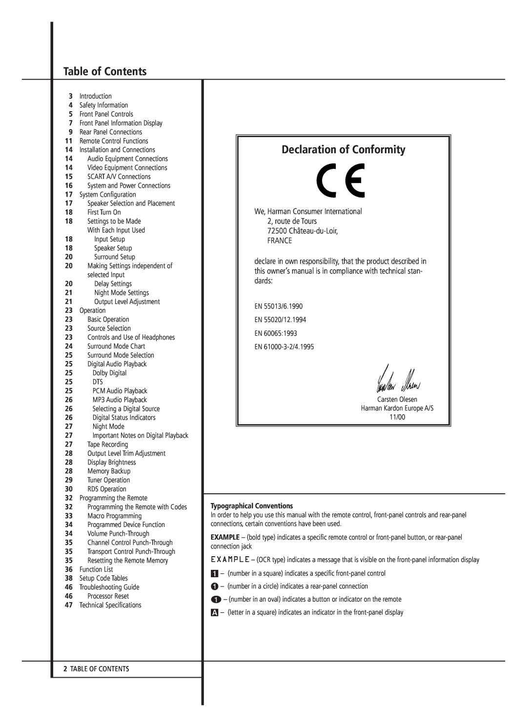 Harman-Kardon AVR 2000 owner manual Table of Contents, Declaration of Conformity, We, Harman Consumer International 