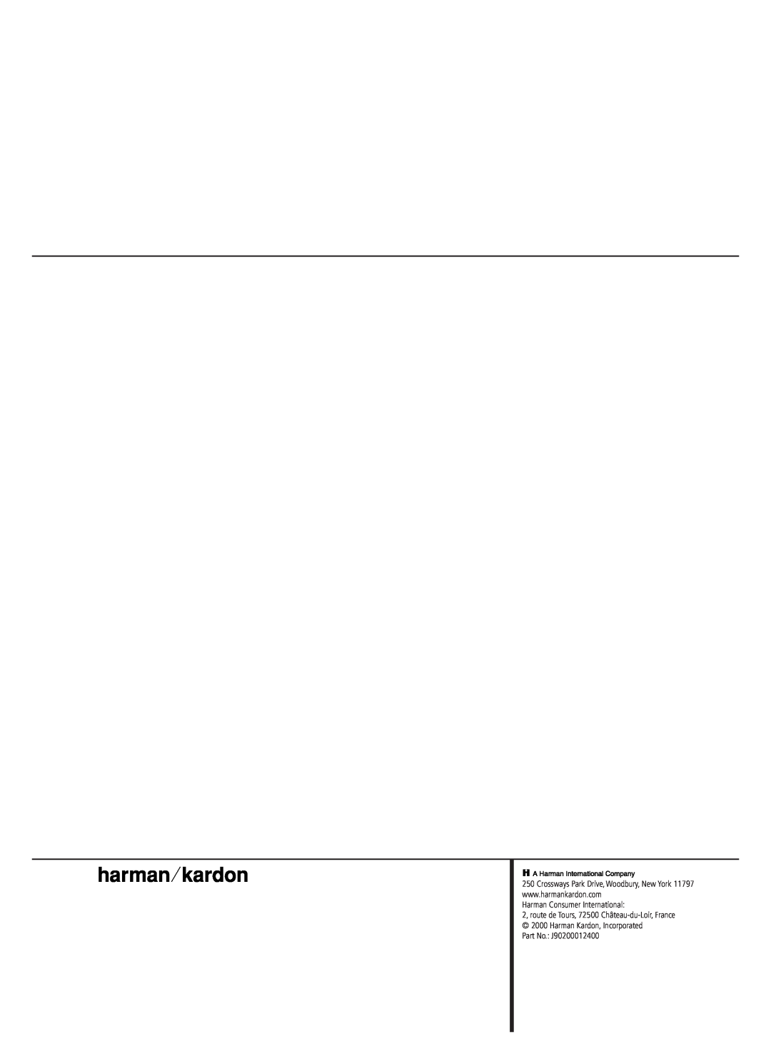 Harman-Kardon AVR 2000 owner manual Harman Consumer International, Part No. J90200012400 